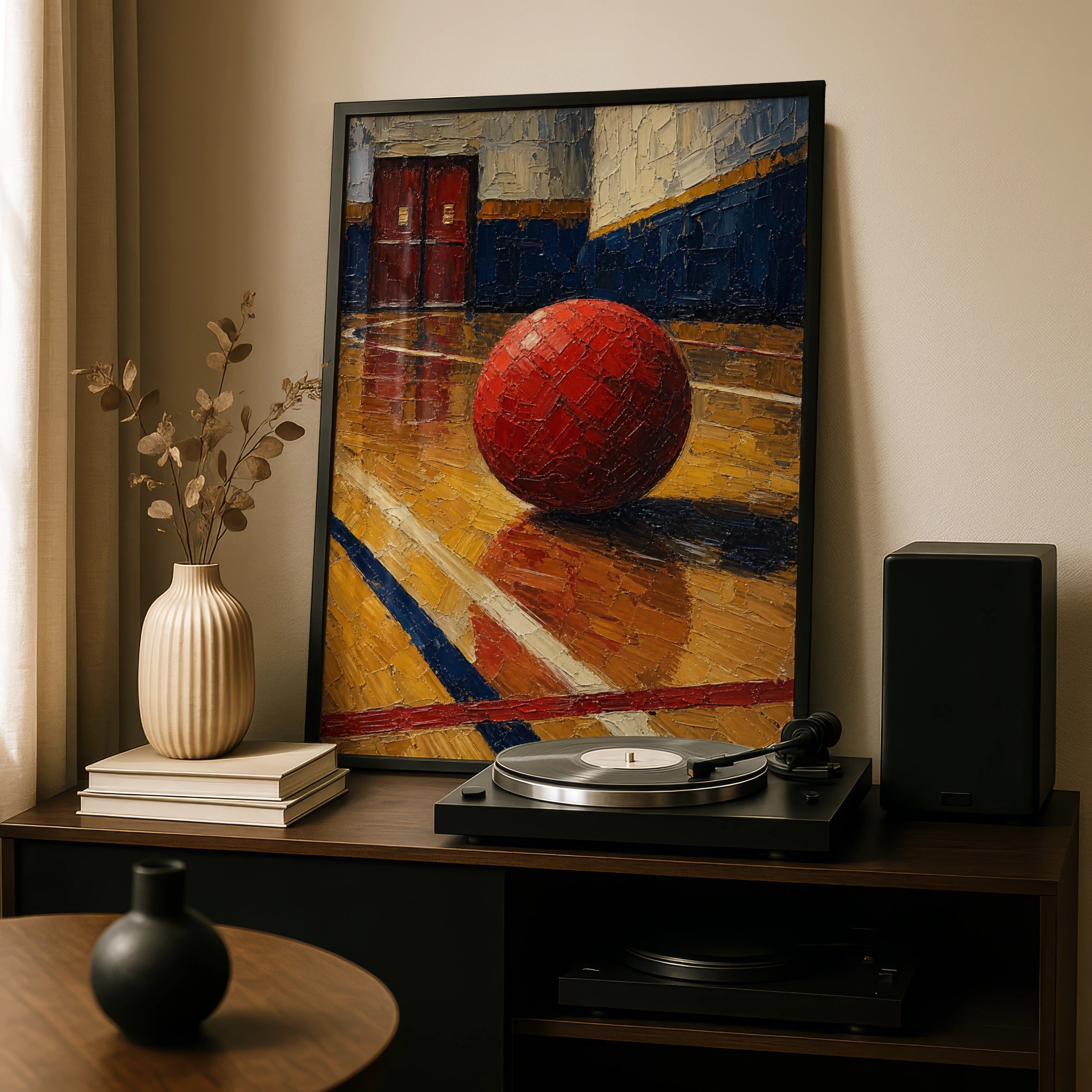 Dodgeball Gym Art Print, Red Ball School Gymnasium Poster, Impasto Style Sports Wall Art