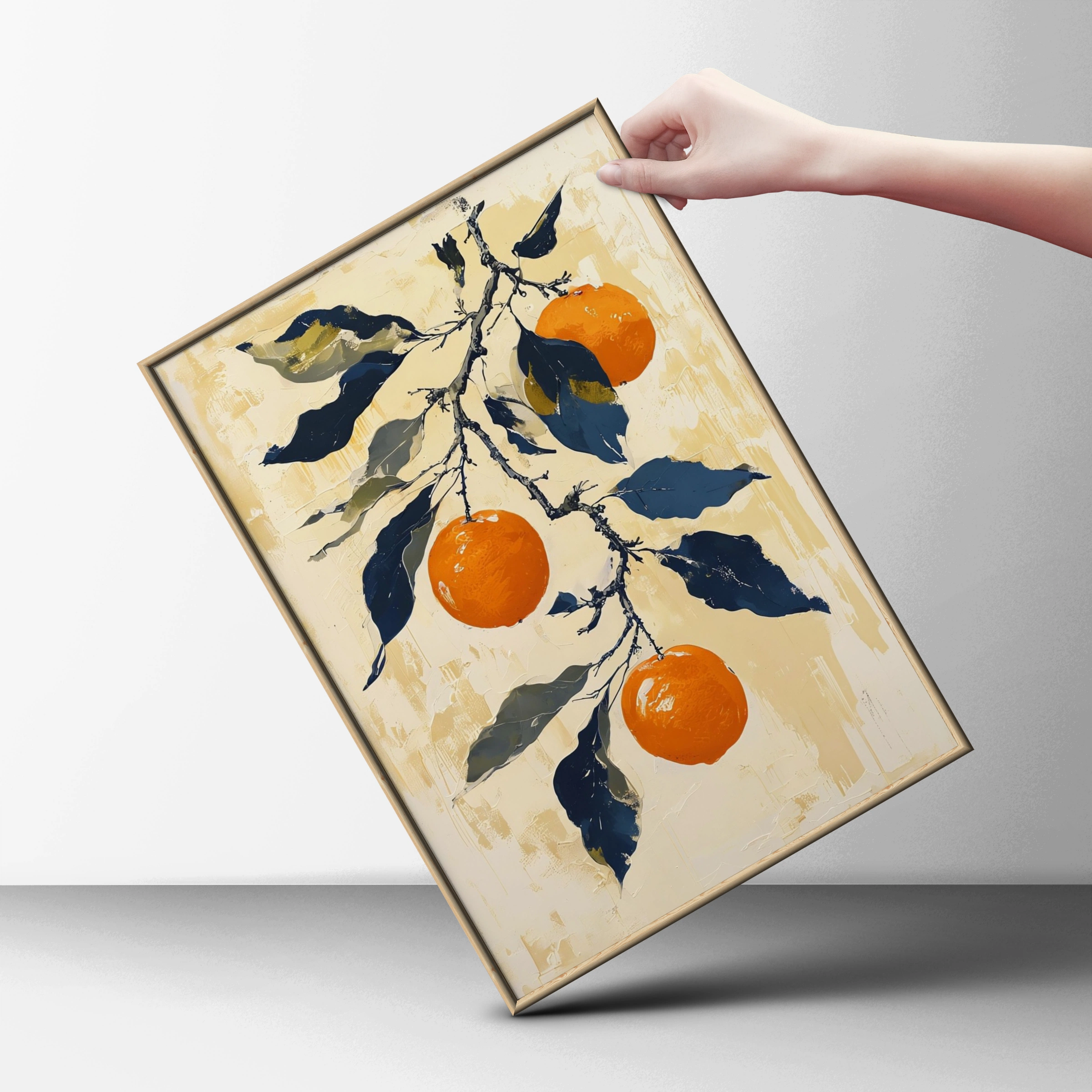 Japanese Orange Branch Poster, Citrus Wall Art, Navy Blue Botanical Print, Kitchen Decor