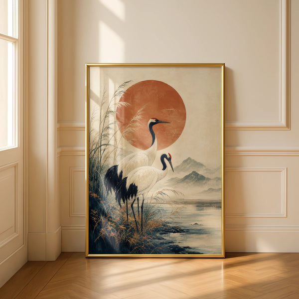 Japanese Crane Poster, Red Sun Wall Art, Woodblock Style Bird Print, Zen Home Decor