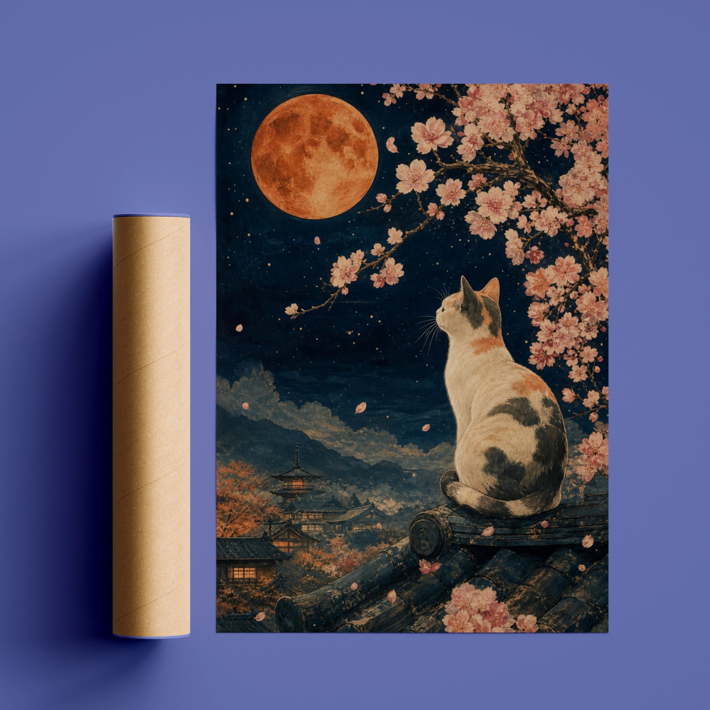 Japanese Cat Cherry Blossom Moon Poster, Calico Cat Wall Art, Ukiyo-e Style Print