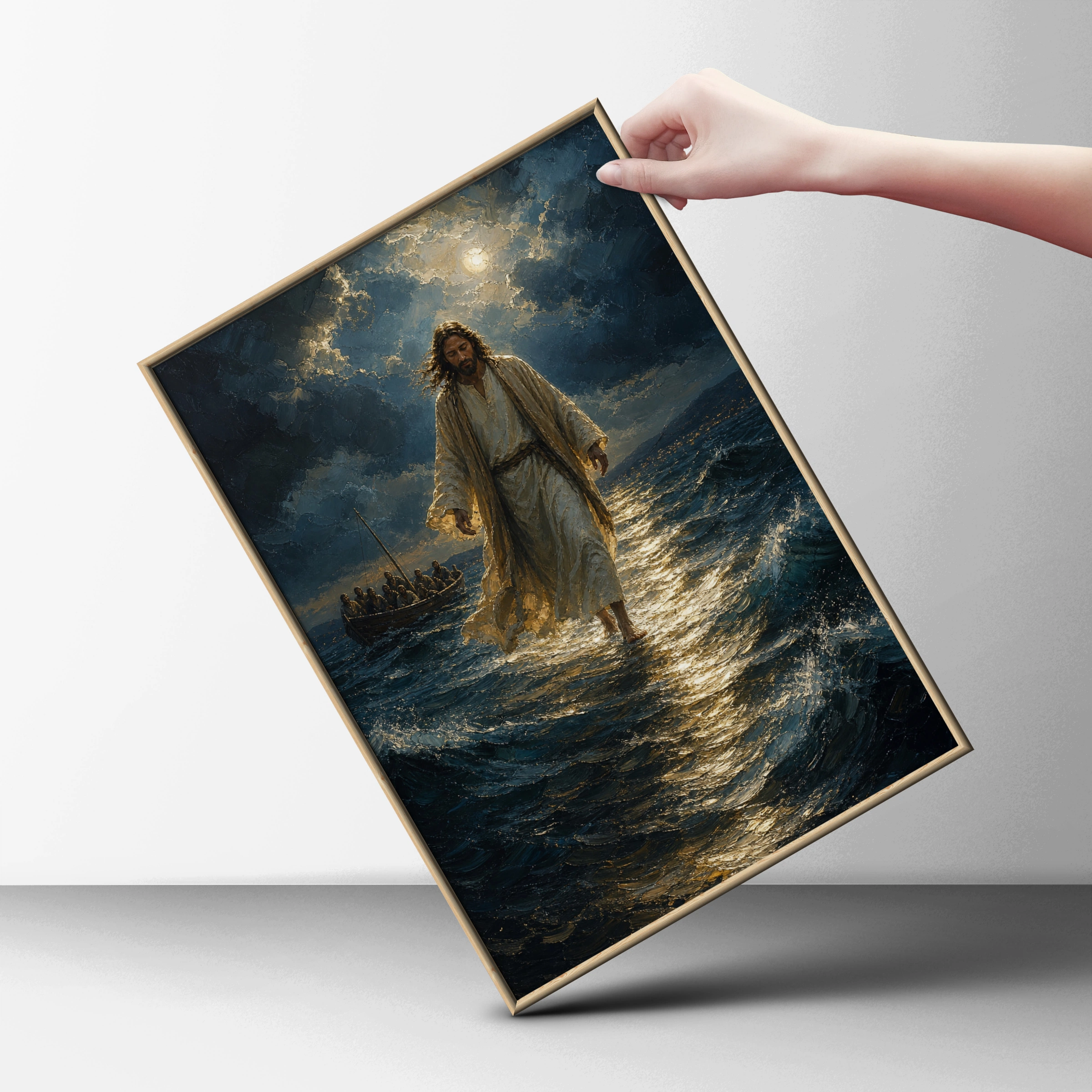 Jesus Walks on Water Poster, Biblical Miracle Wall Art, Christian Faith Print, Stormy Sea