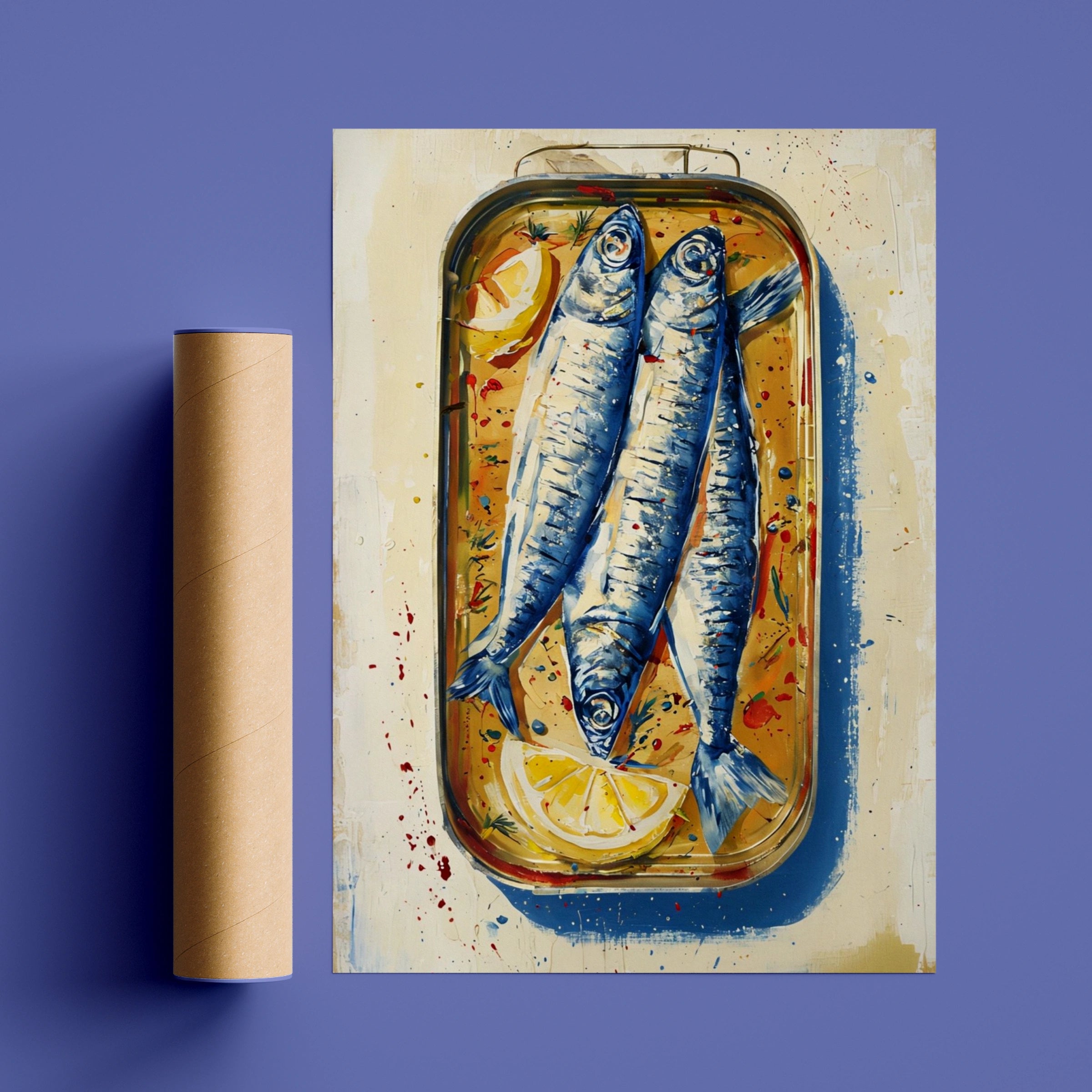 Mediterranean Sardines Poster, Fish Kitchen Wall Art, Lemon Blue Painted Food Print