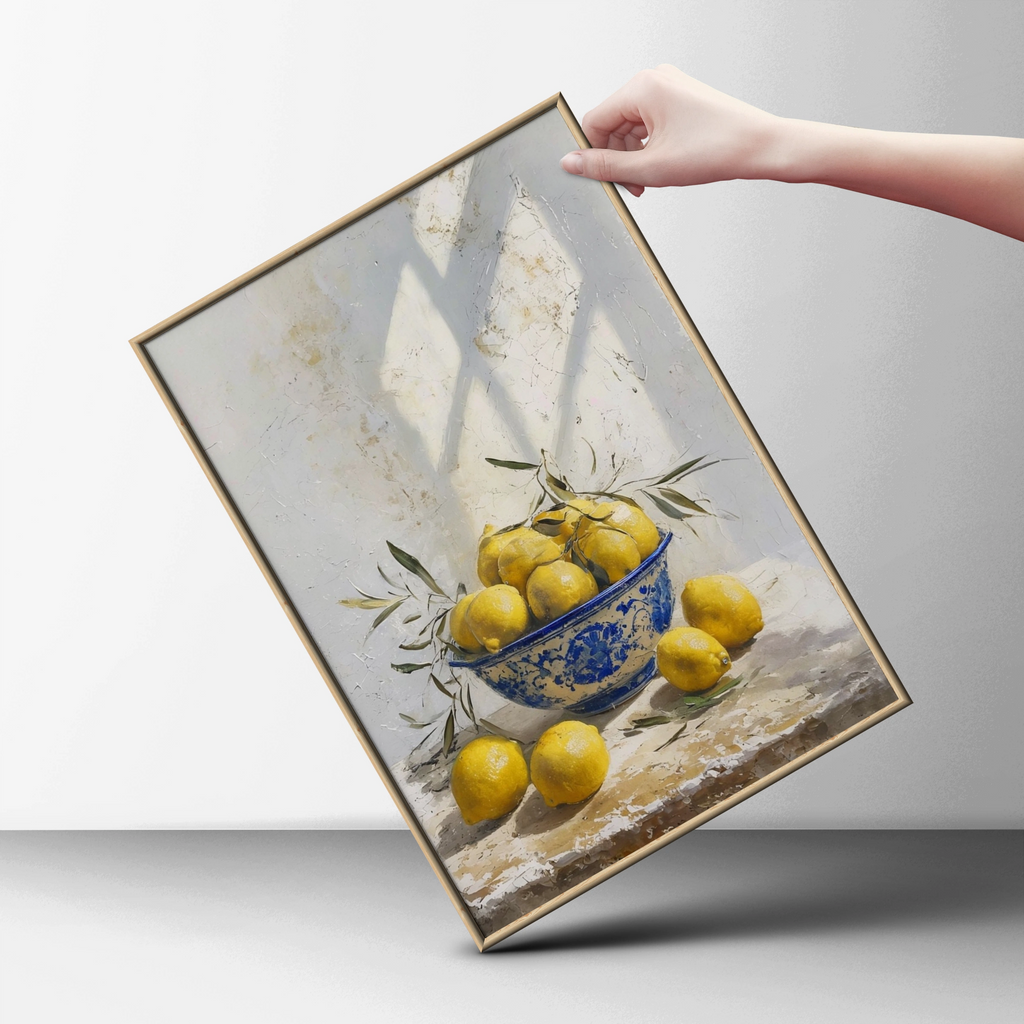Mediterranean Lemon Bowl Poster, Blue White Ceramic Still Life Kitchen Wall Art