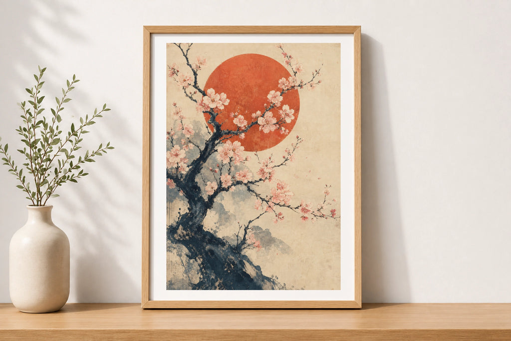 Cherry Blossom Rising Sun Japanese Wall Art, Sakura Tree Poster, Asian Ink Print