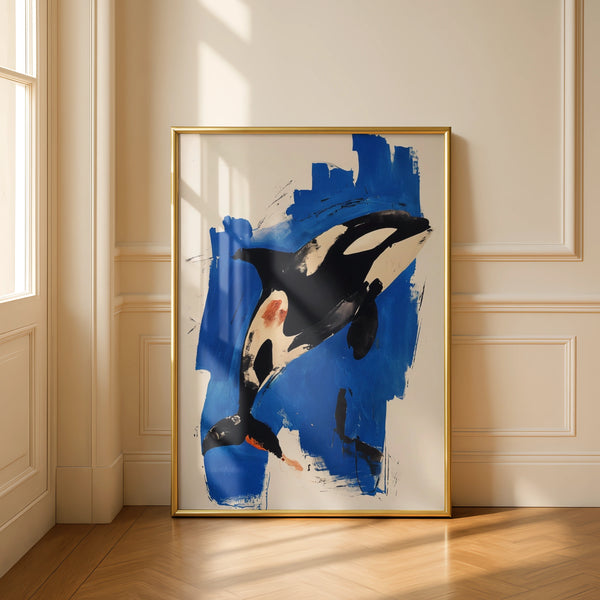 Abstract Orca Poster, Killer Whale Wall Art, Bold Blue Black Ocean Animal Print