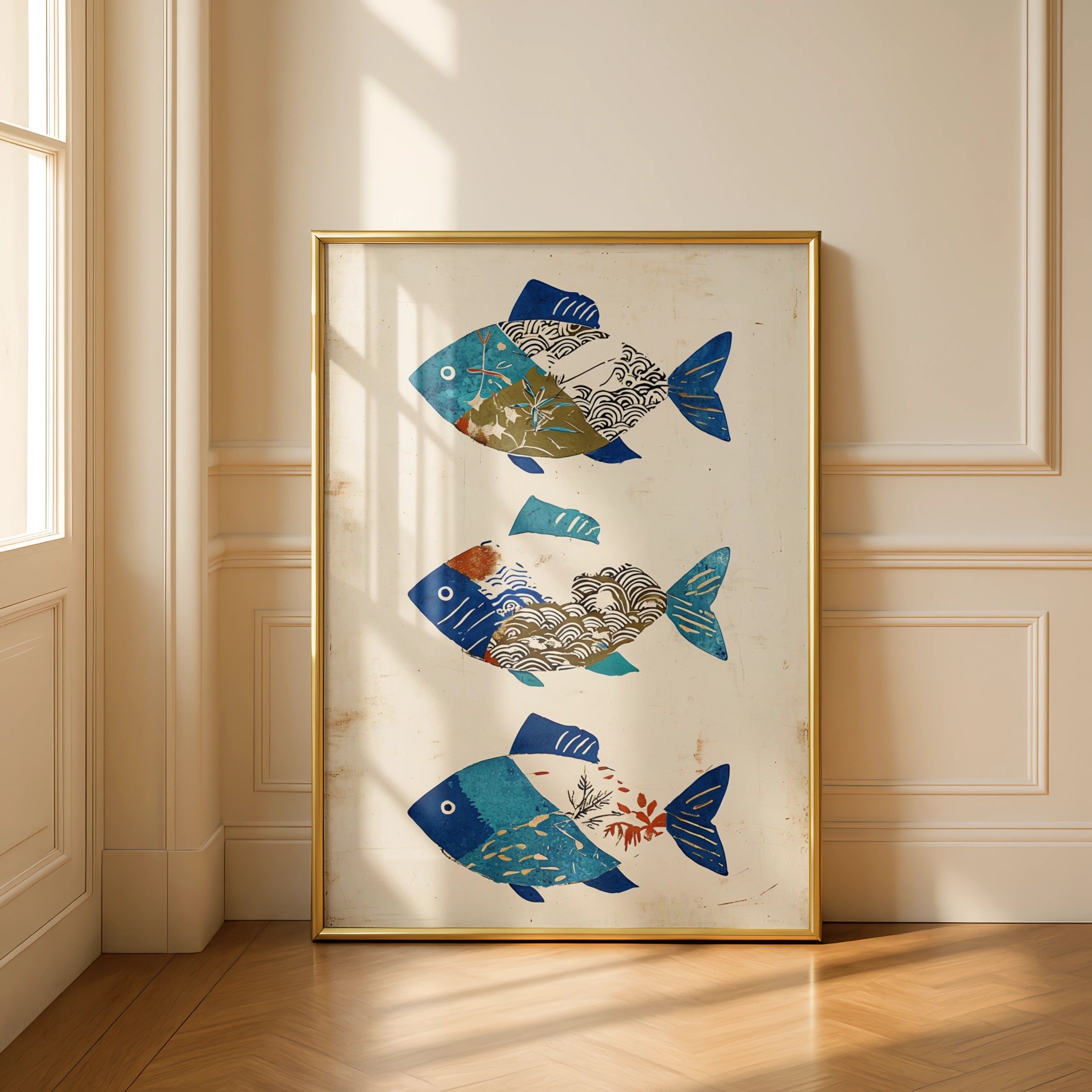 Japanese Pattern Fish Poster, Traditional Wave Art Print, Blue Botanical Wall Art