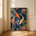 Koi Fish Lotus Pond Poster, Japanese Wall Art, Navy Blue Floral Fish Print