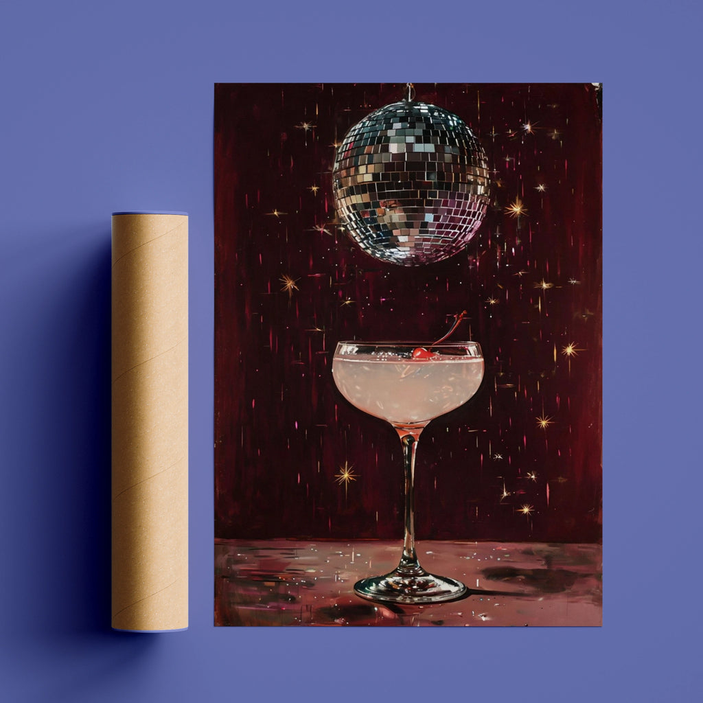 Disco Ball Cocktail Poster, Retro Bar Cart Wall Art, Dark Red Glam Print