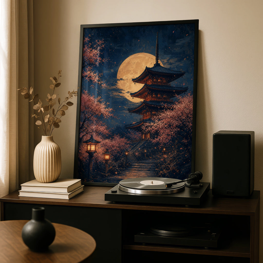 Japanese Pagoda Full Moon Poster, Cherry Blossom Night Wall Art, Sakura Print