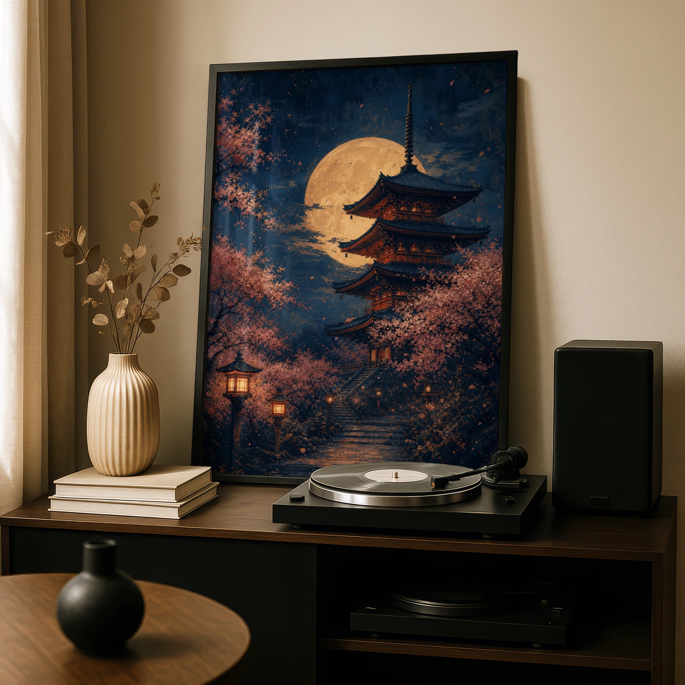 Japanese Pagoda Full Moon Poster, Cherry Blossom Night Wall Art, Sakura Print