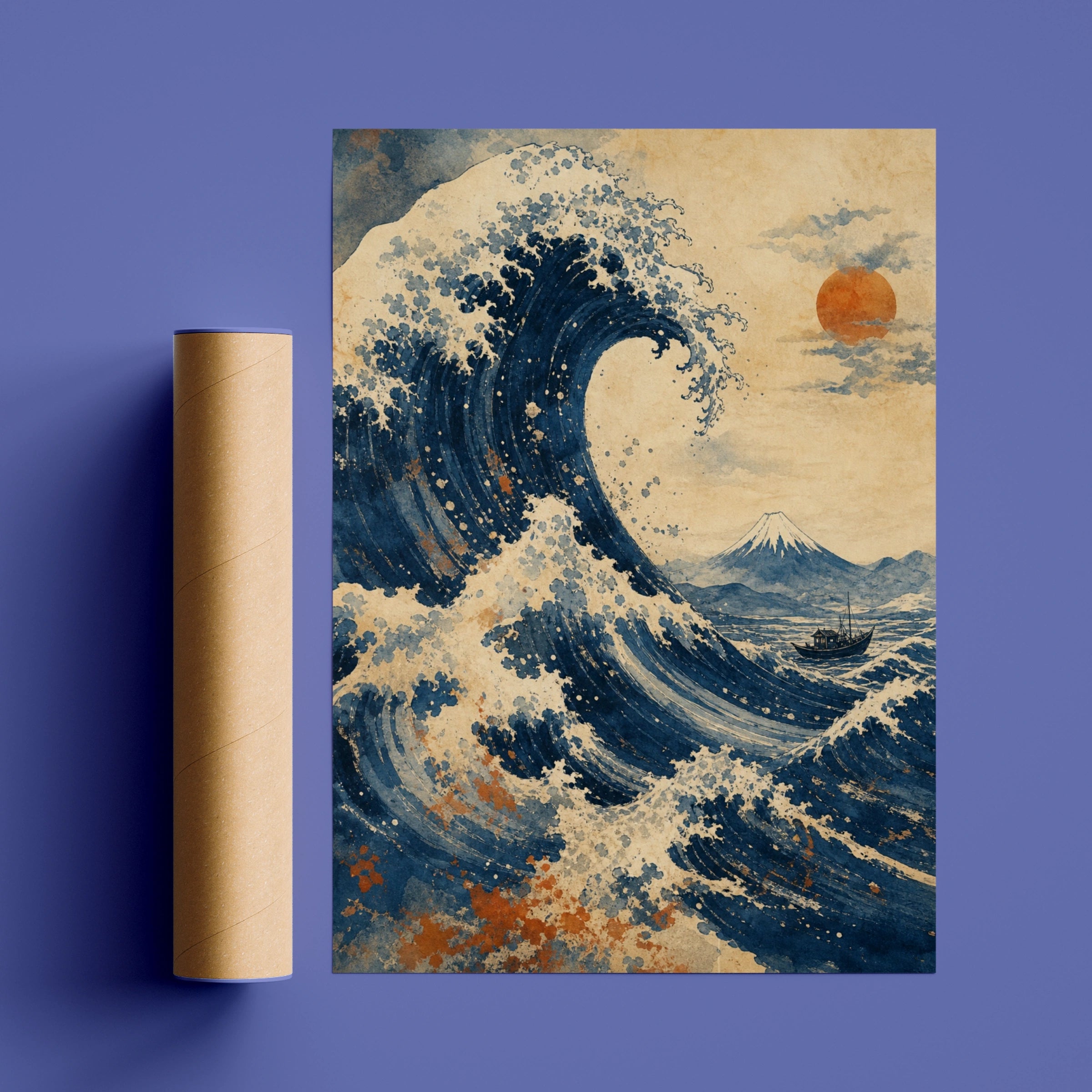 Great Wave Mount Fuji Poster, Japanese Woodblock Style Wall Art, Navy Blue Ocean Print