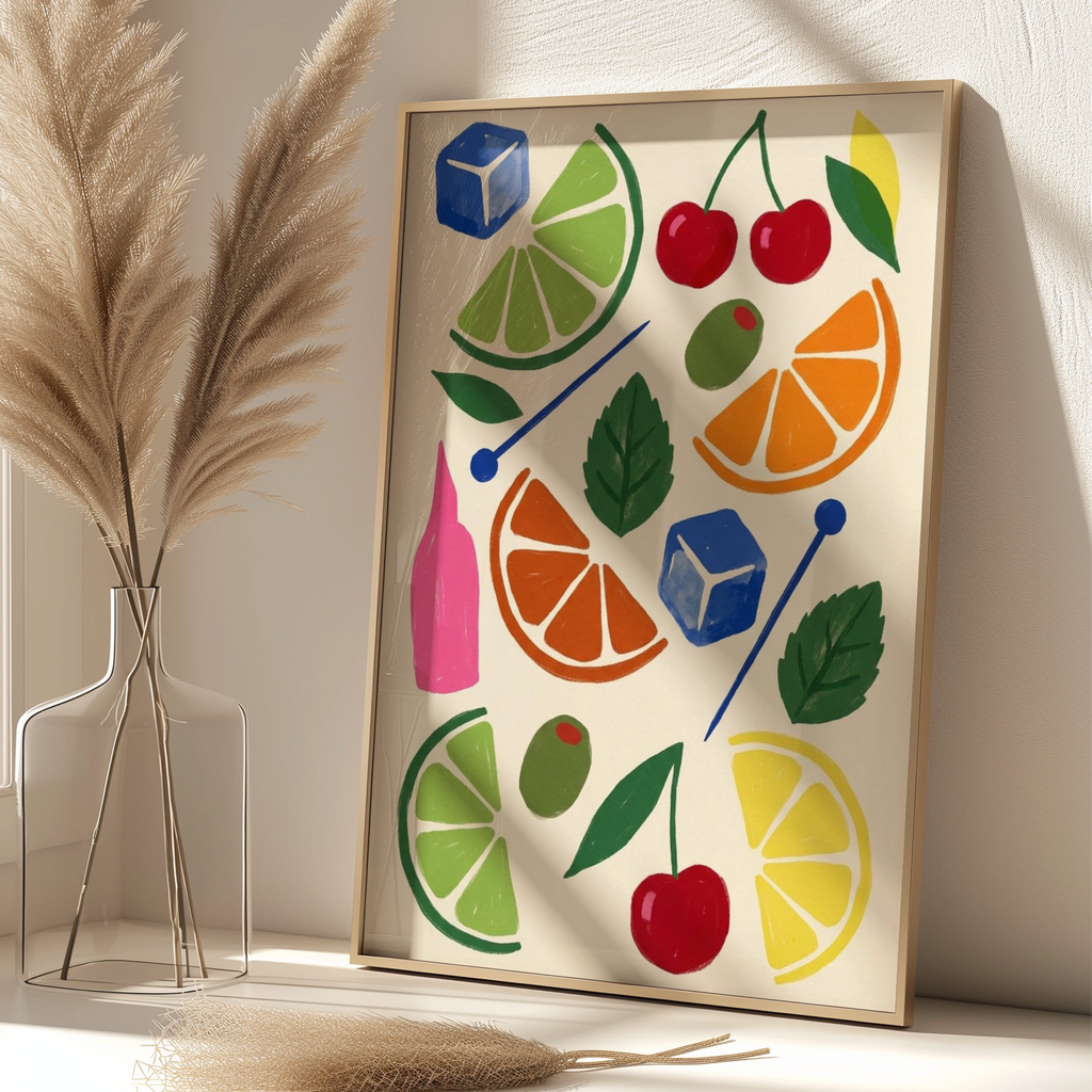 Cocktail Garnish Pattern Poster, Bar Cart Wall Art, Citrus Cherry Olive Print