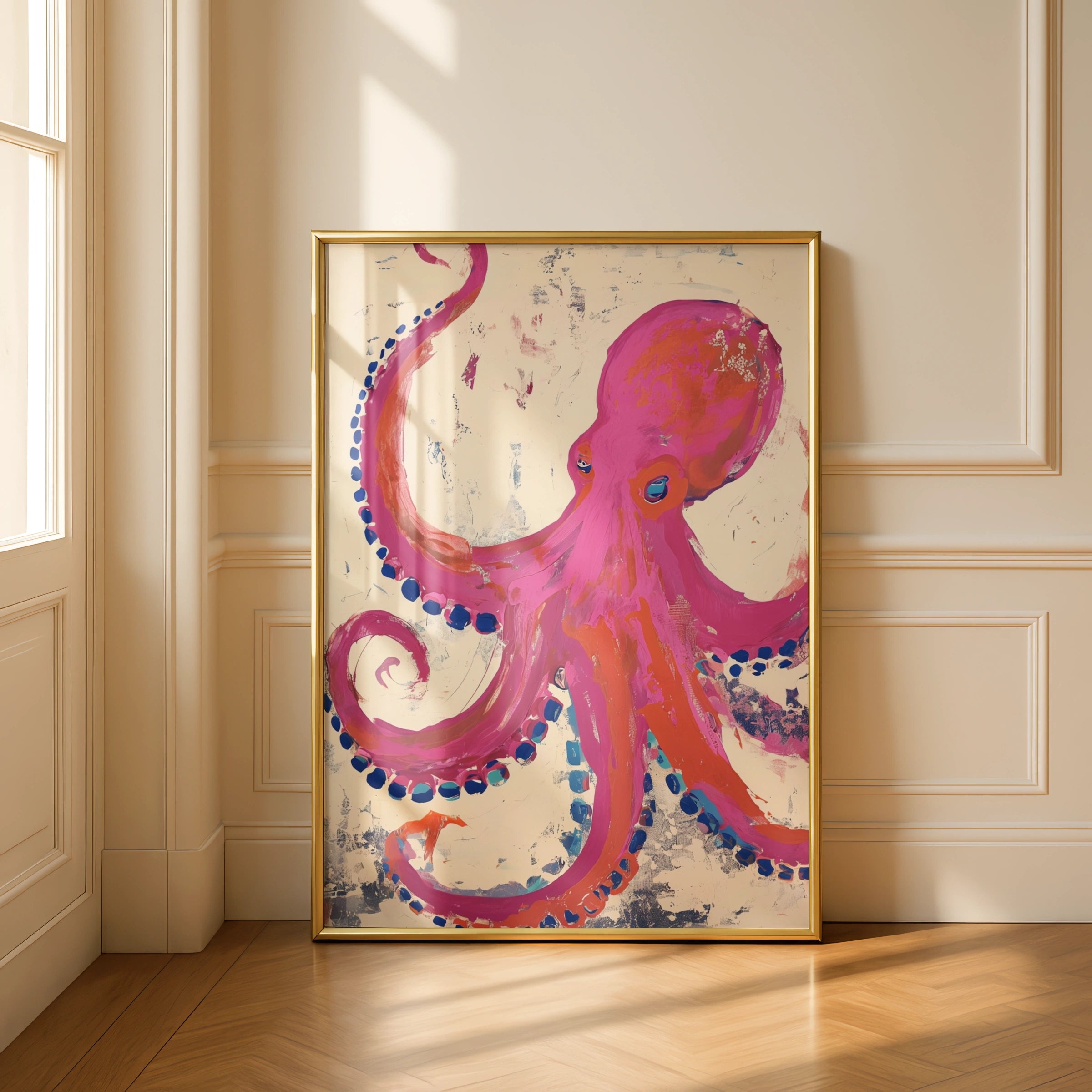 Pink Octopus Abstract Poster, Bold Colourful Ocean Animal Wall Art, Coastal Decor