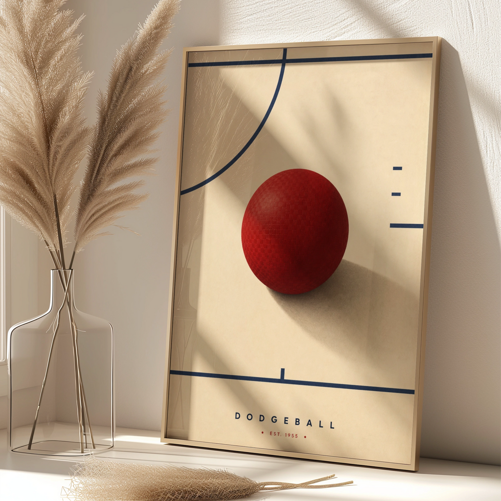 Minimalist Dodgeball Poster, Red Ball Sports Wall Art, Retro Gym Print, Navy Cream Decor