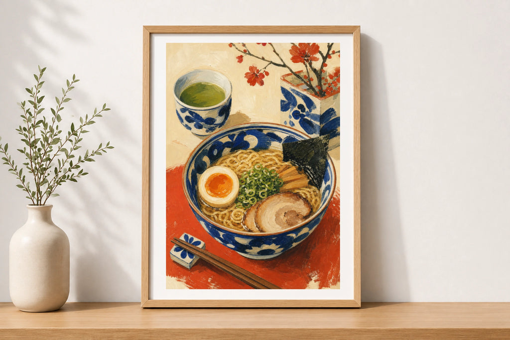 Japanese Ramen Bowl Poster, Green Tea Cherry Blossom Wall Art, Food Kitchen Print