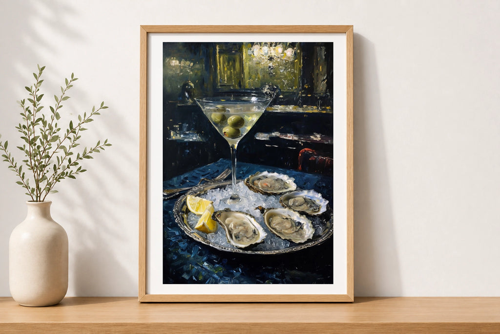 Martini Oysters Moody Still Life Poster, Dark Cocktail Bar Wall Art Print
