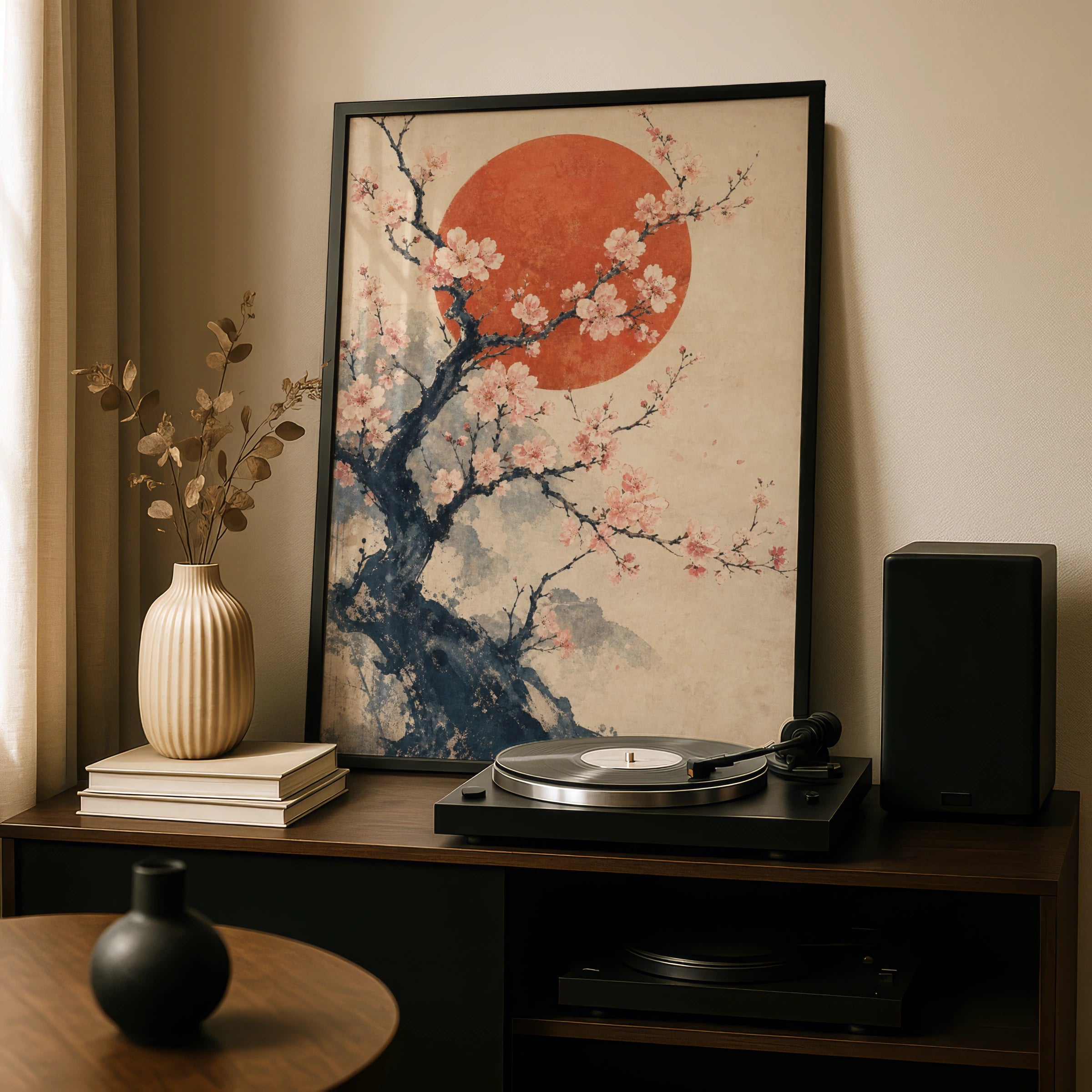 Cherry Blossom Rising Sun Japanese Wall Art, Sakura Tree Poster, Asian Ink Print