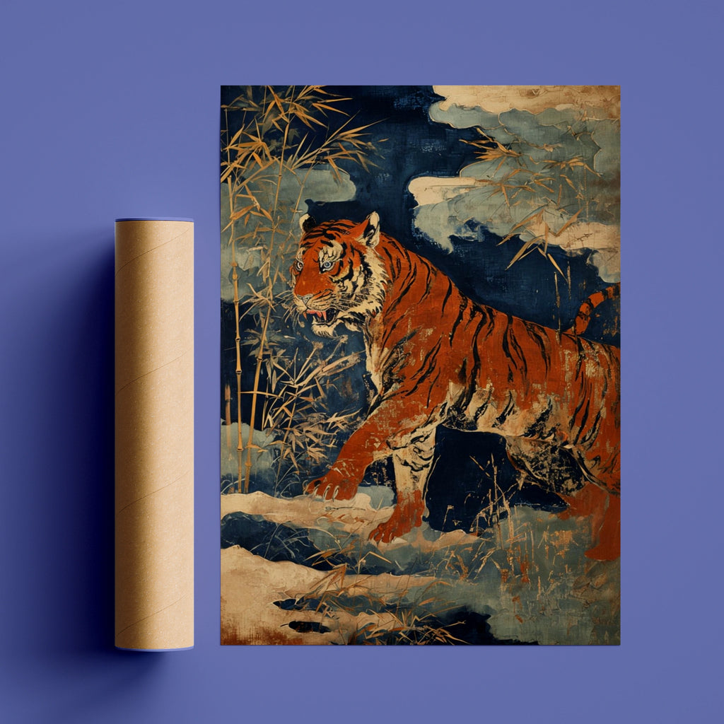 Bengal Tiger Bamboo Poster, Japanese Woodblock Style Animal Wall Art, Navy Gold