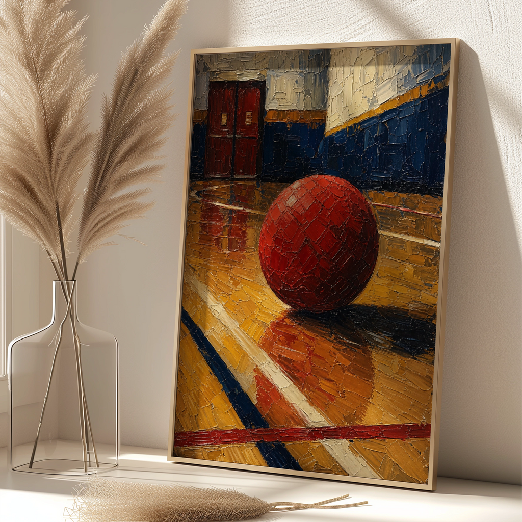 Dodgeball Gym Art Print, Red Ball School Gymnasium Poster, Impasto Style Sports Wall Art