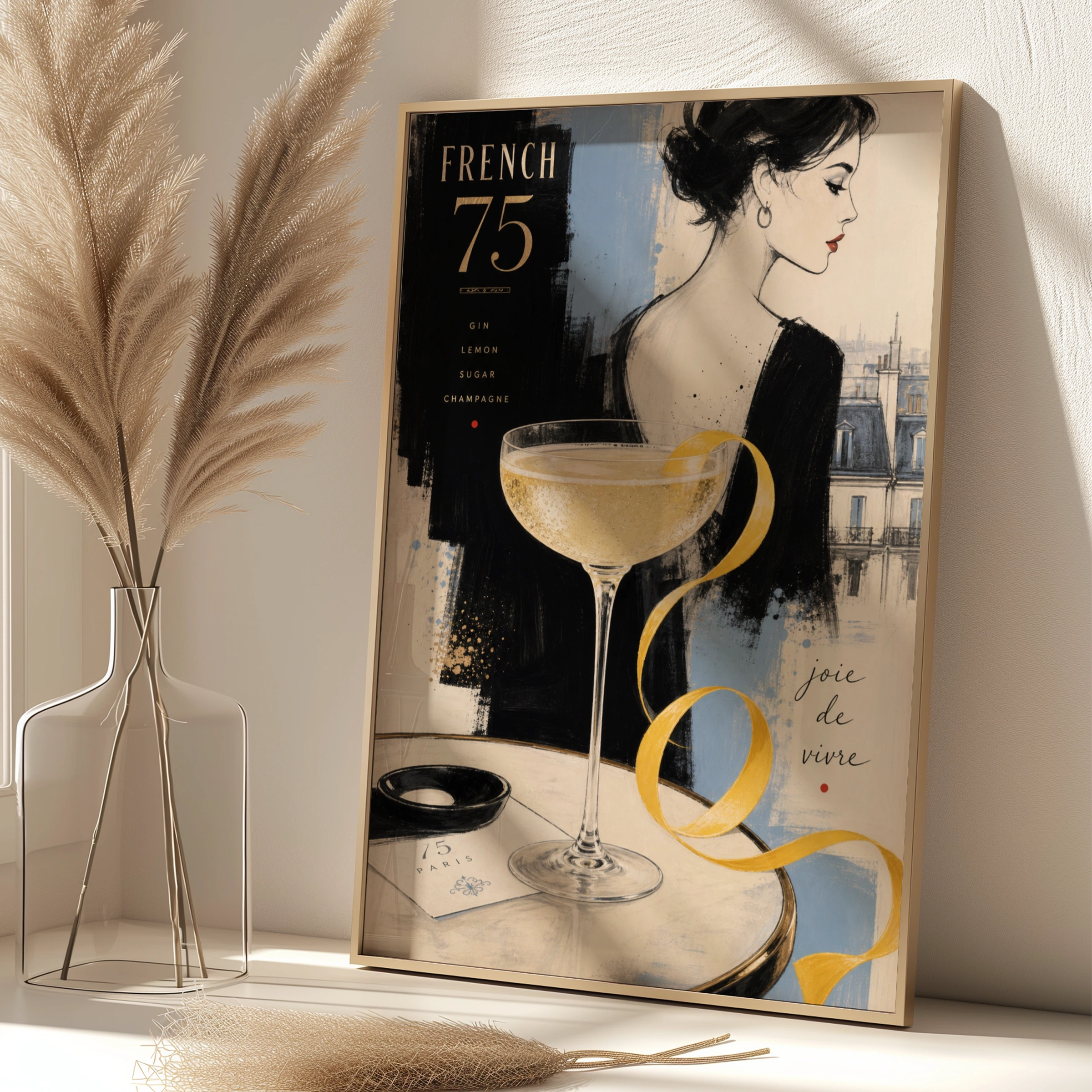 French 75 Cocktail Poster, Paris Bar Art Print, Chic Champagne Wall Art, Joie de Vivre