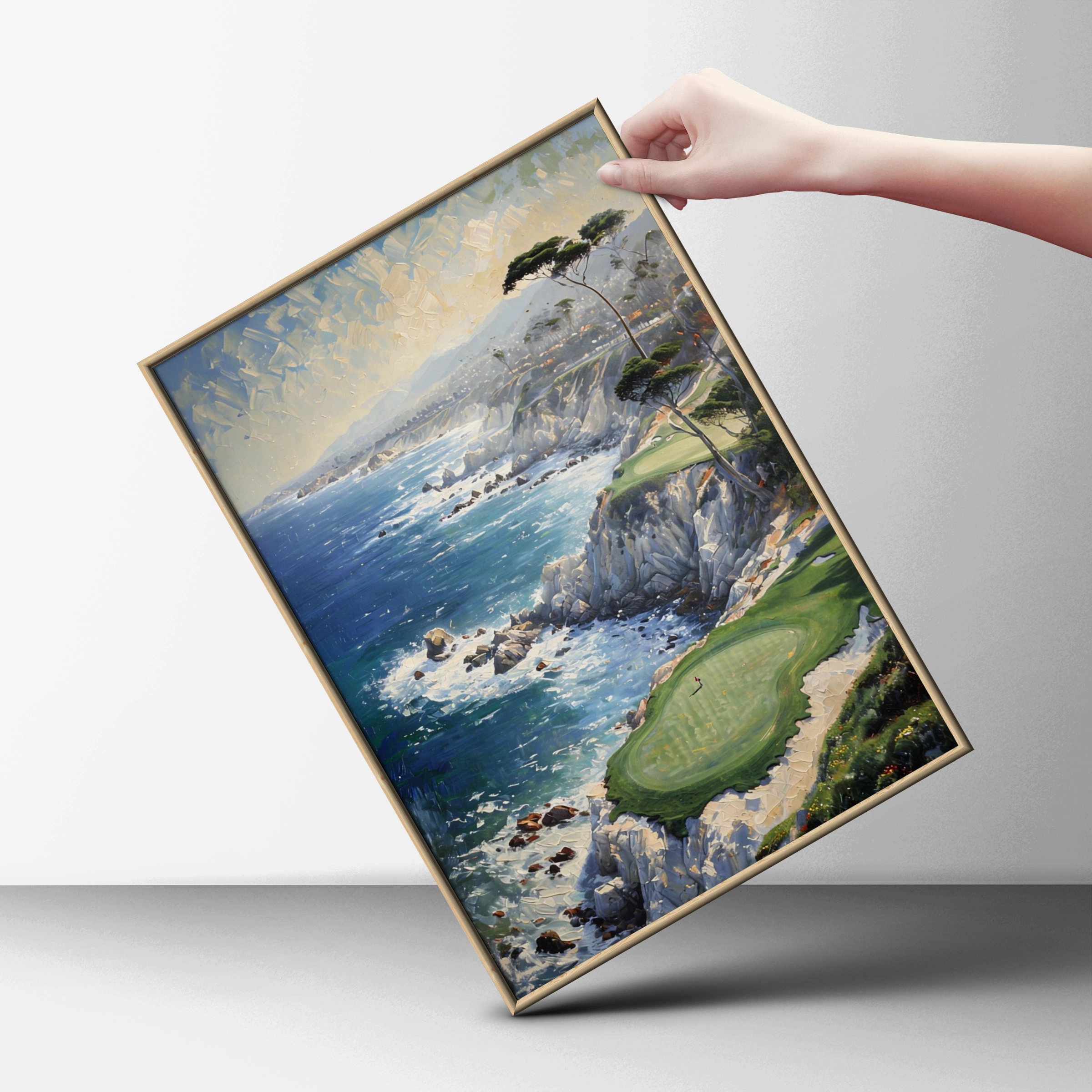 Coastal Golf Course Painting Poster, Cliffside Ocean Art, Golf Wall Art Print