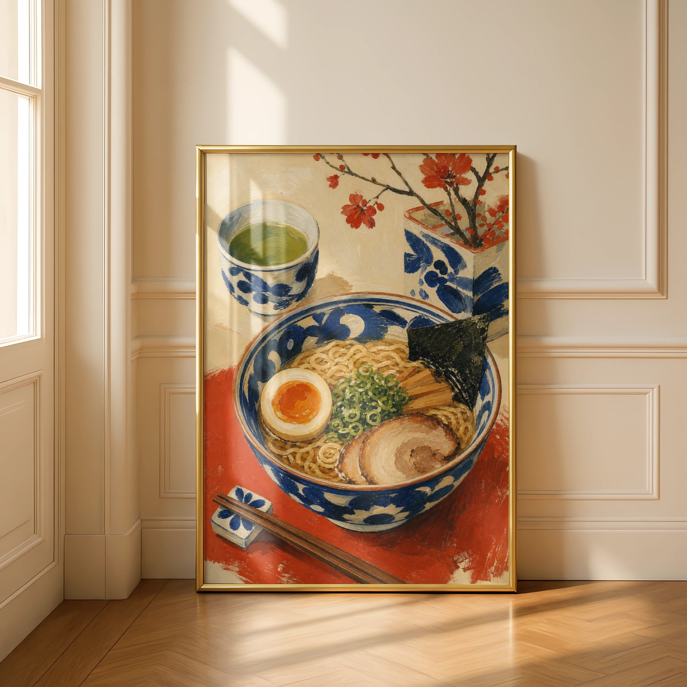 Japanese Ramen Bowl Poster, Green Tea Cherry Blossom Wall Art, Food Kitchen Print