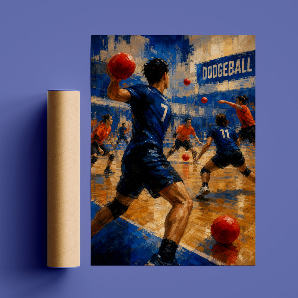 Dodgeball Team Match Poster, Sports Wall Art, Blue Orange Gym Print, Action