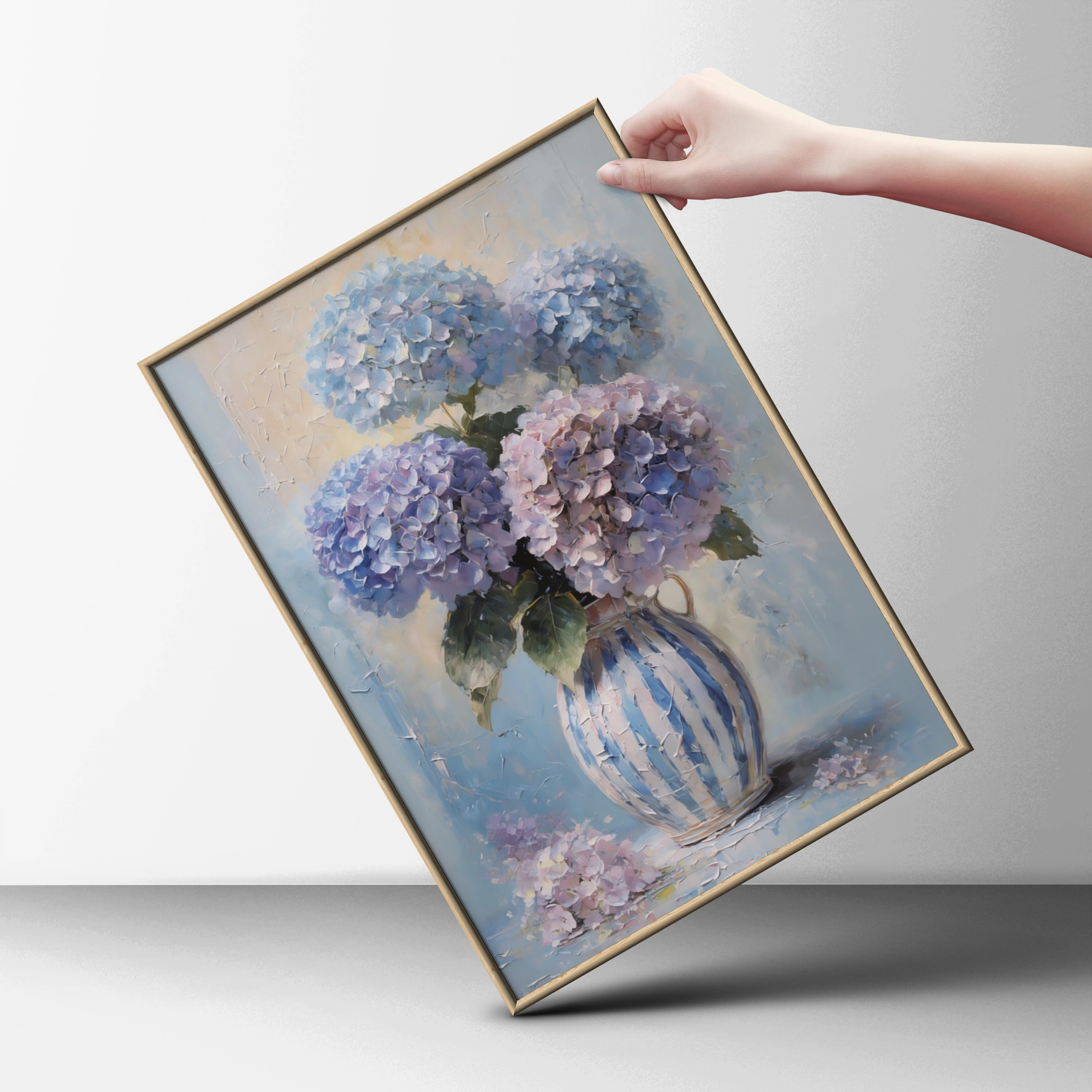 Pastel Hydrangea Floral Poster, Blue Purple Pink Bouquet, Striped Vase Wall Art