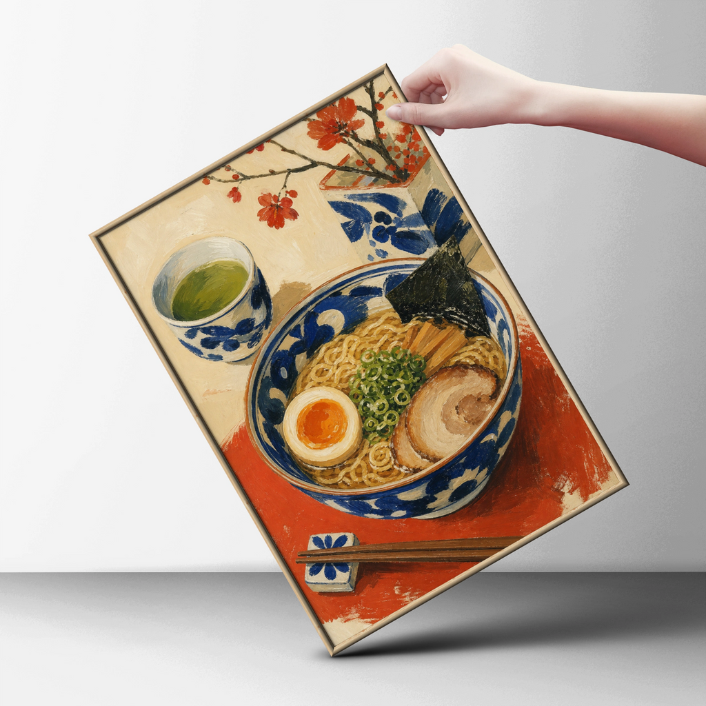 Japanese Ramen Bowl Poster, Green Tea Cherry Blossom Wall Art, Food Kitchen Print