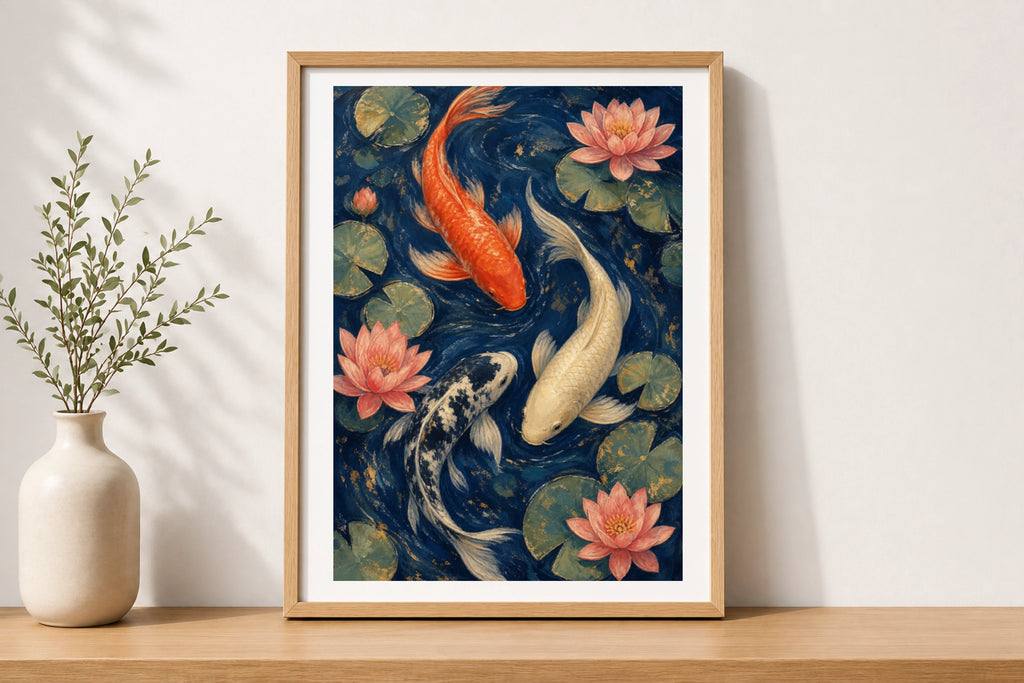 Koi Fish Lotus Pond Poster, Japanese Wall Art, Navy Blue Floral Fish Print