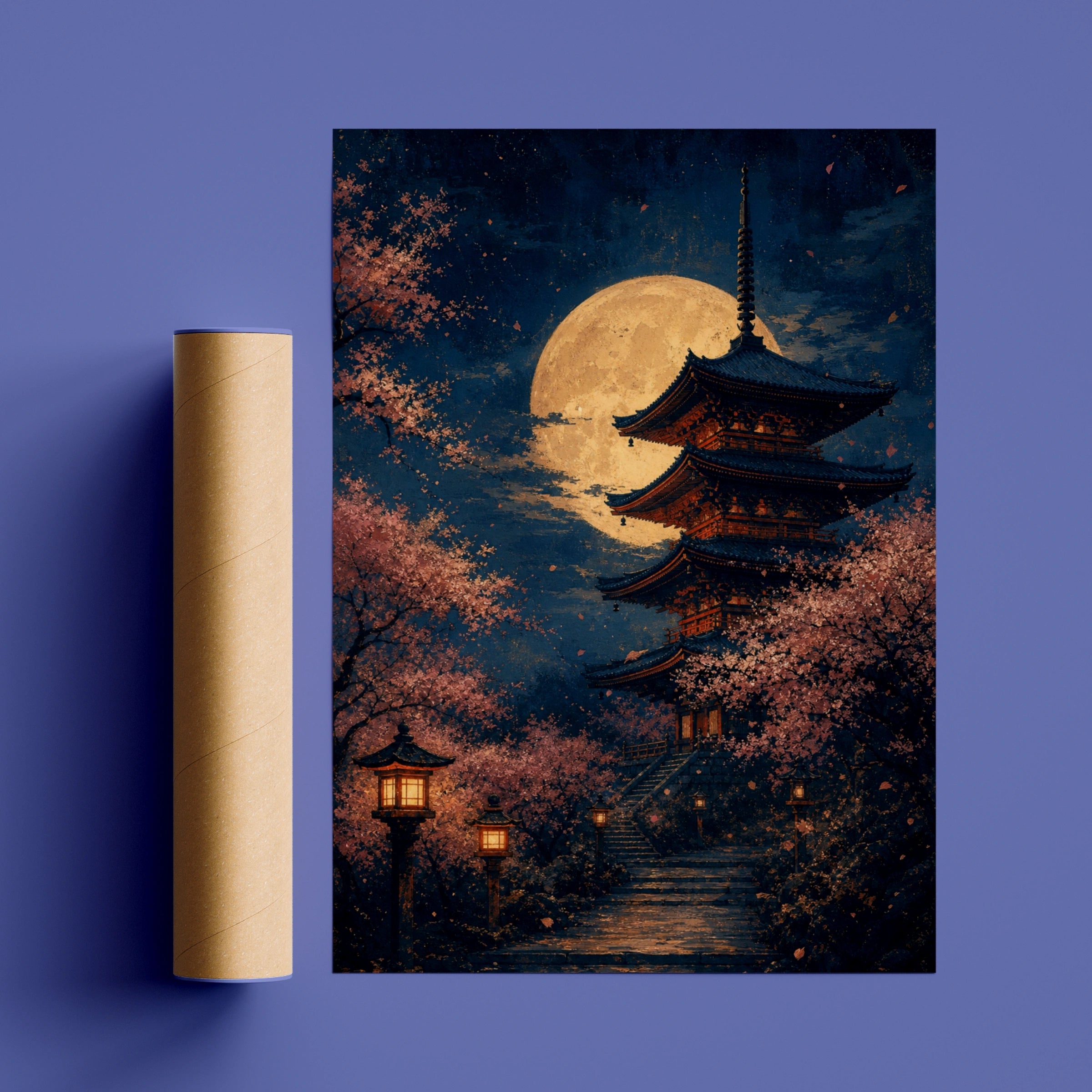 Japanese Pagoda Full Moon Poster, Cherry Blossom Night Wall Art, Sakura Print