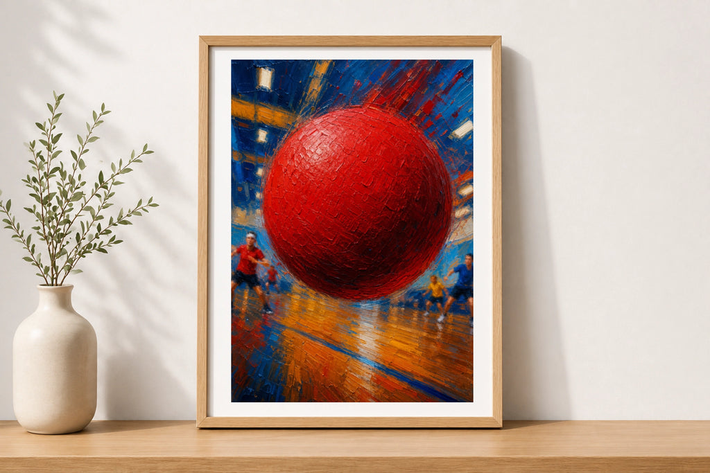 Dodgeball Art Poster, Red Ball Action Print, Sports Wall Art, Bold Oil Painting Style