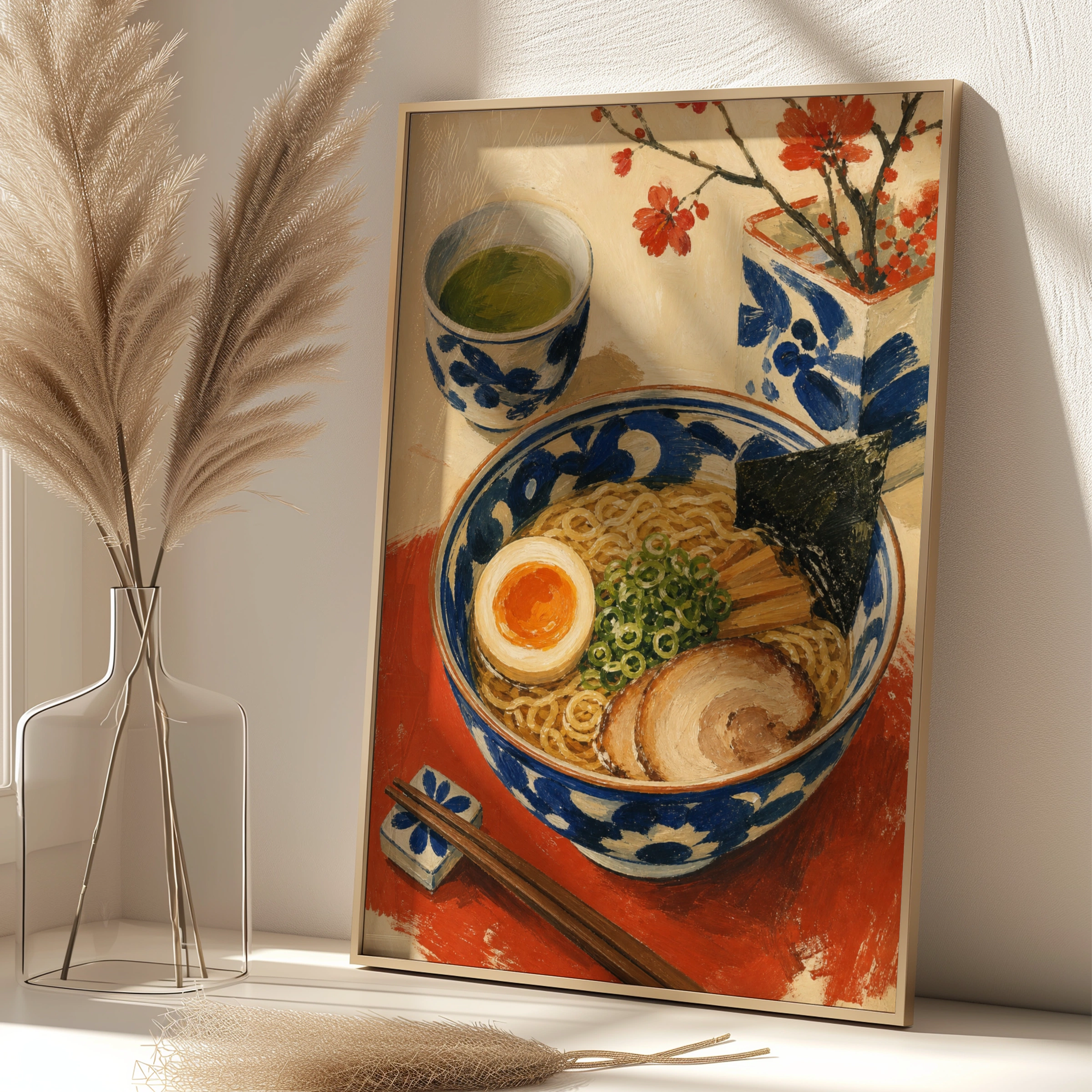 Japanese Ramen Bowl Poster, Green Tea Cherry Blossom Wall Art, Food Kitchen Print