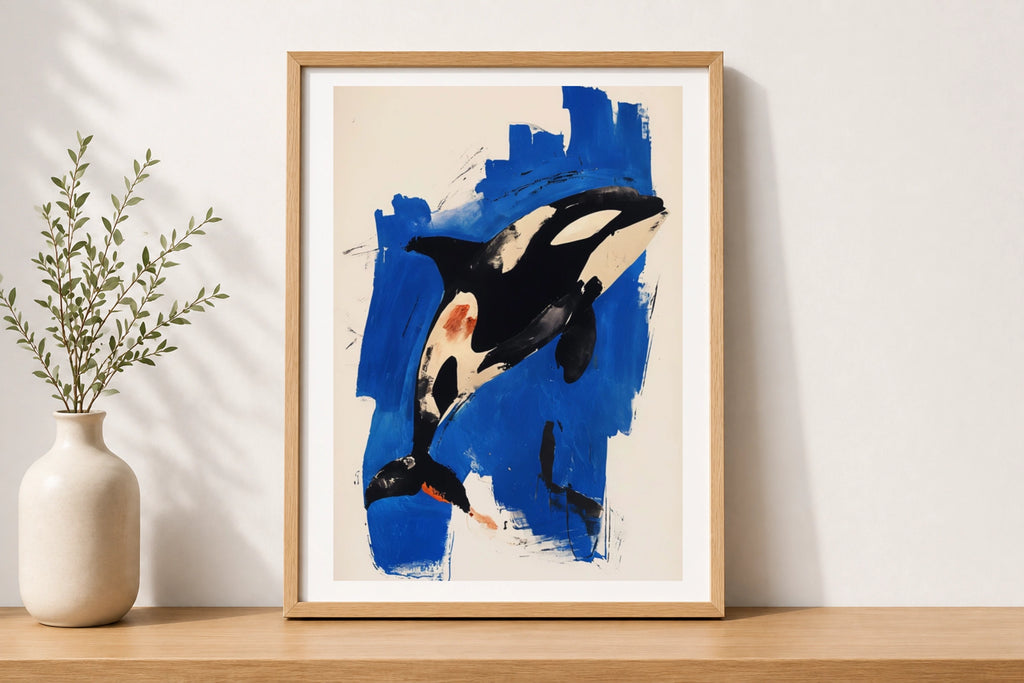 Abstract Orca Poster, Killer Whale Wall Art, Bold Blue Black Ocean Animal Print