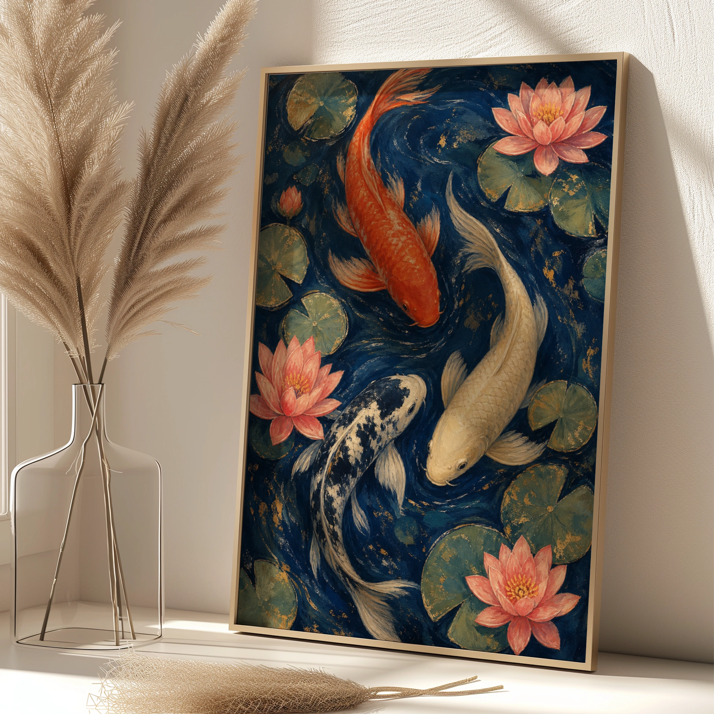 Koi Fish Lotus Pond Poster, Japanese Wall Art, Navy Blue Floral Fish Print