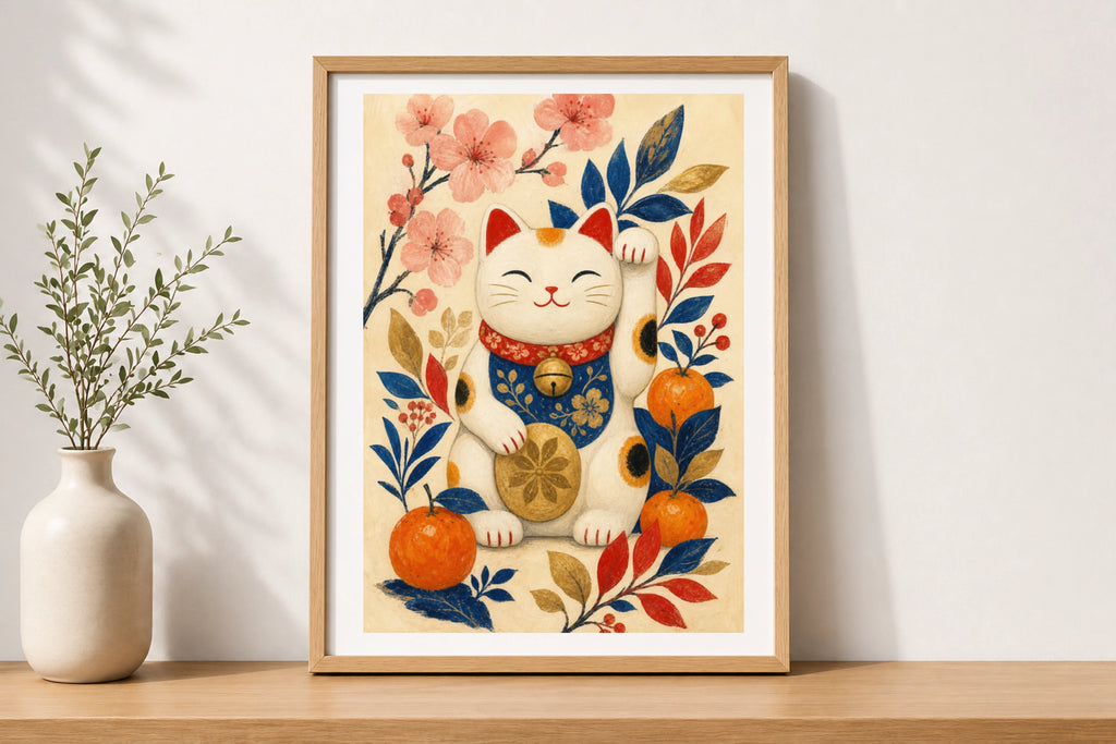 Maneki Neko Lucky Cat Poster, Japanese Wall Art, Floral Cat Print, Good Luck
