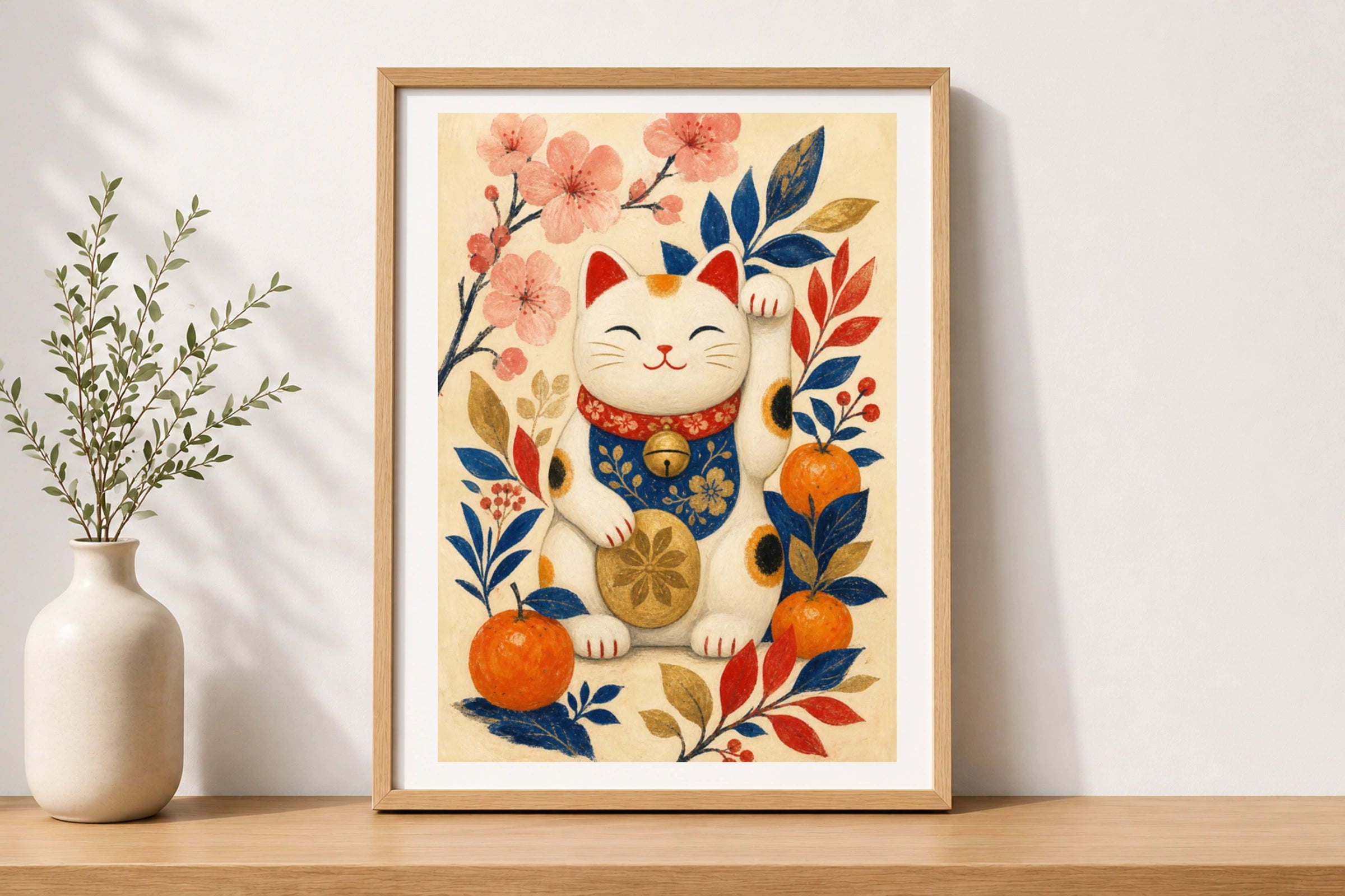 Maneki Neko Lucky Cat Poster, Japanese Wall Art, Floral Cat Print, Good Luck