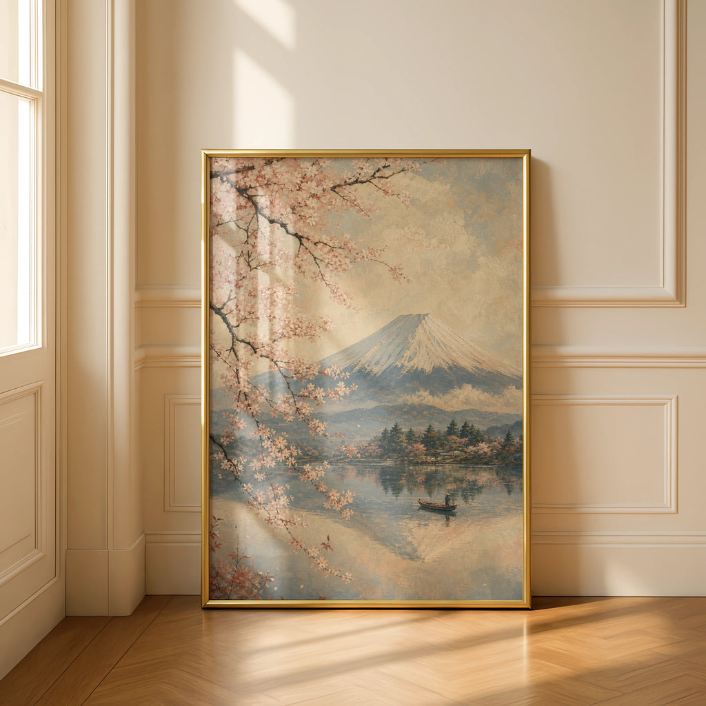 Mount Fuji Cherry Blossom Poster, Japanese Wall Art, Vintage Sakura Lake Print
