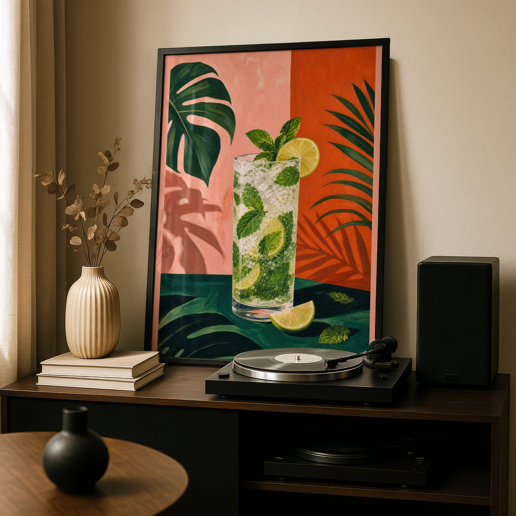 Tropical Mojito Cocktail Poster, Bar Cart Wall Art, Bold Colourful Kitchen Print