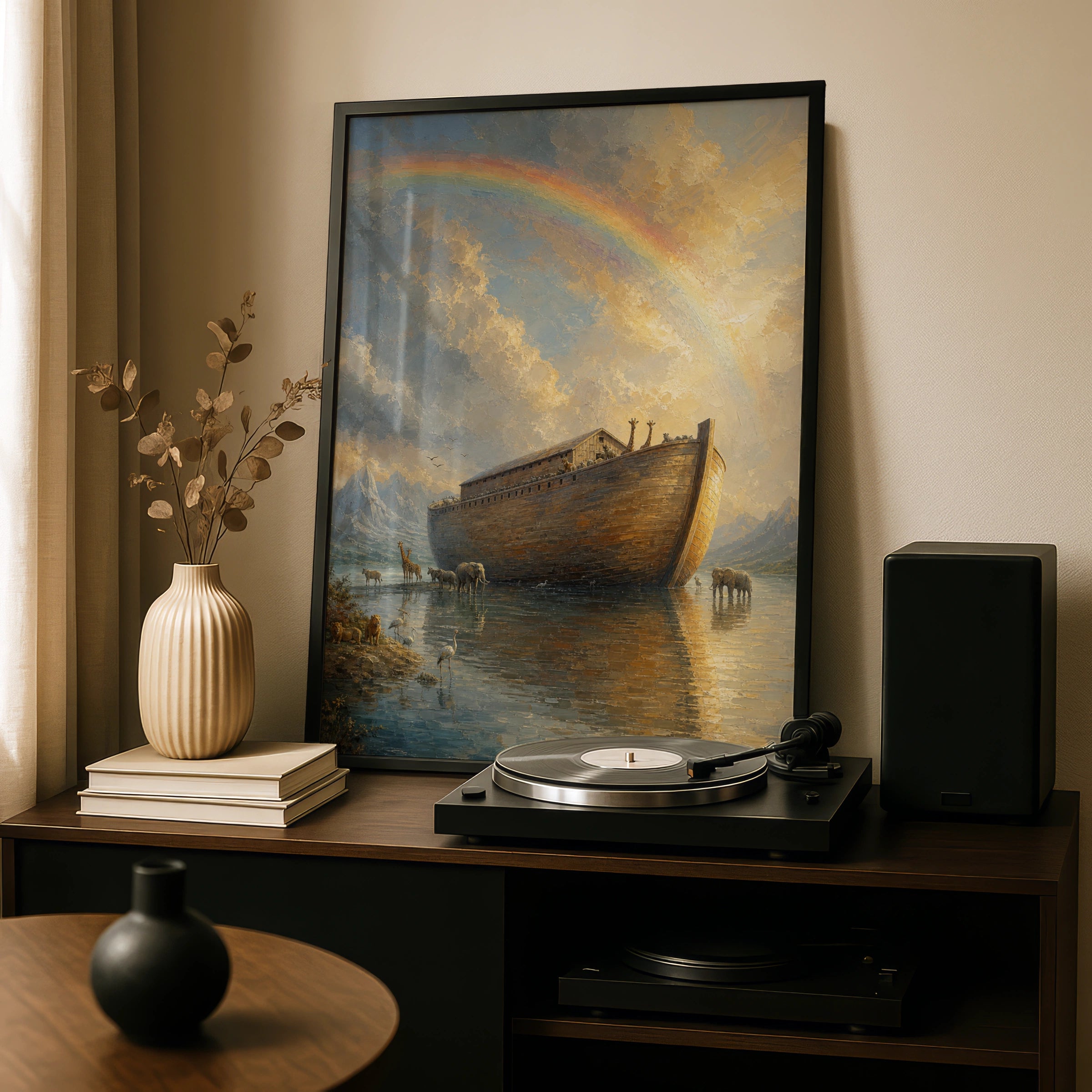 Noah's Ark Rainbow Poster, Biblical Wall Art, Christian Animals Print, Scripture Decor