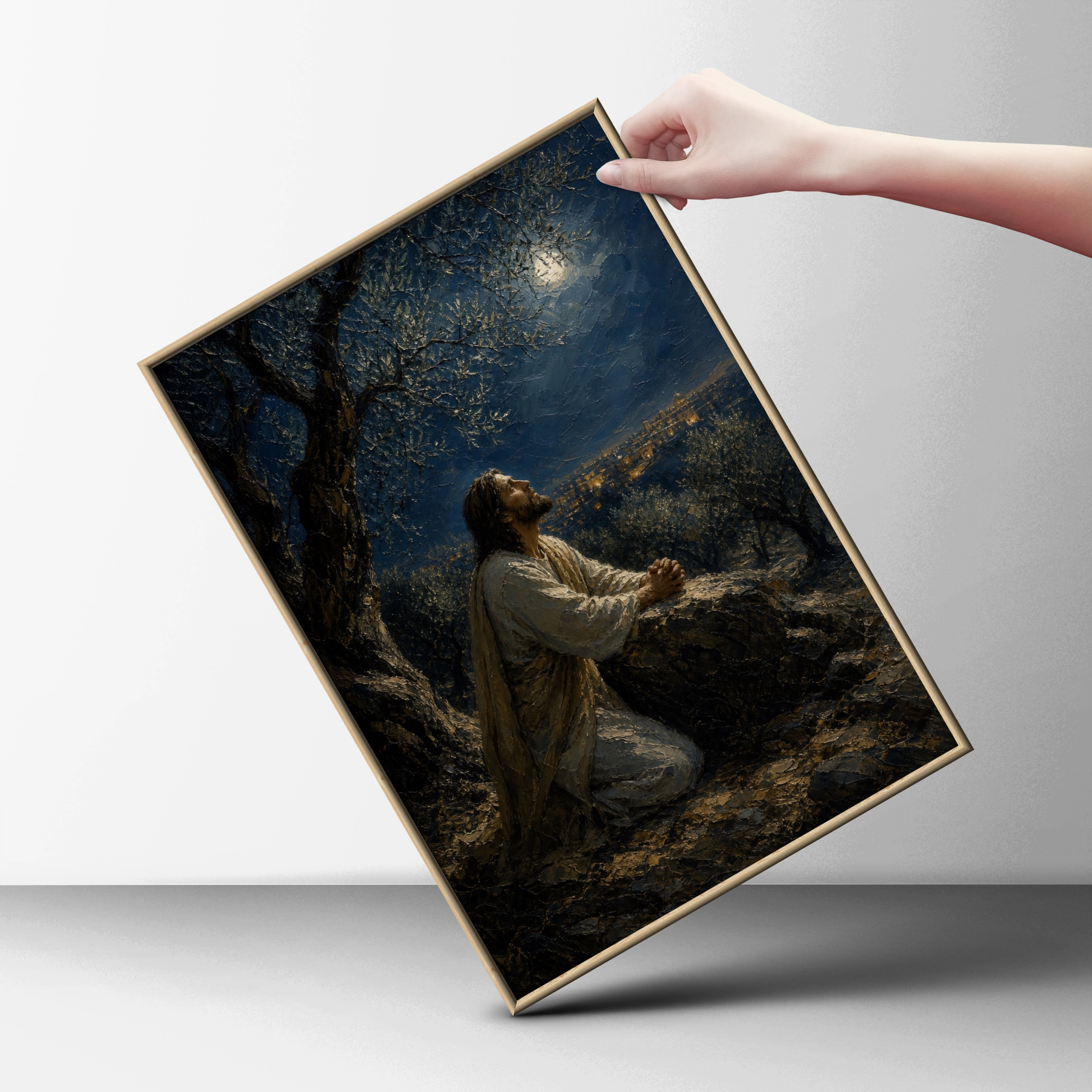 Jesus Praying in Gethsemane Poster, Christian Wall Art, Biblical Oil Painting Print