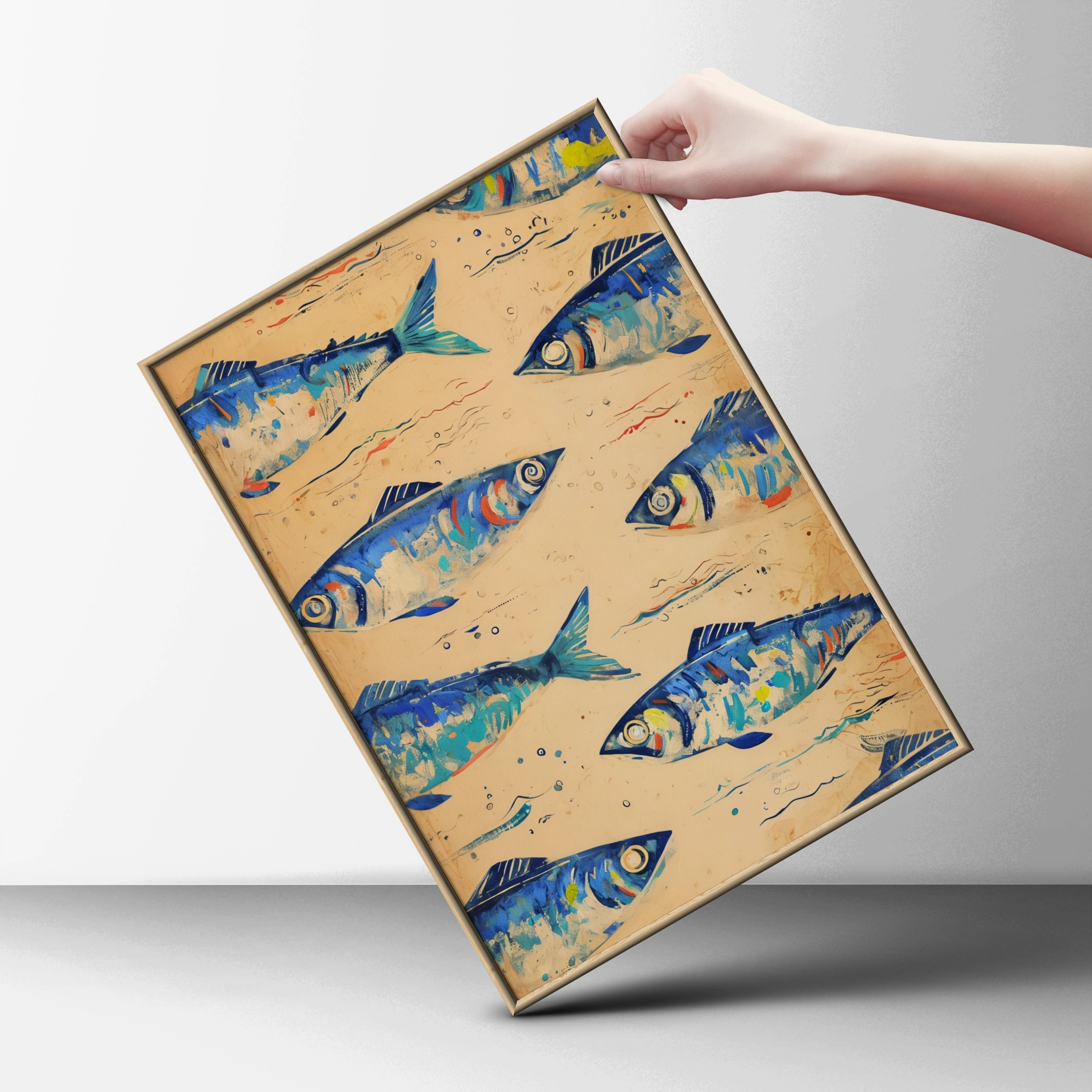 Blue Fish Pattern Poster, Colourful Sardine Wall Art, Nautical Kitchen Print, Coastal Decor