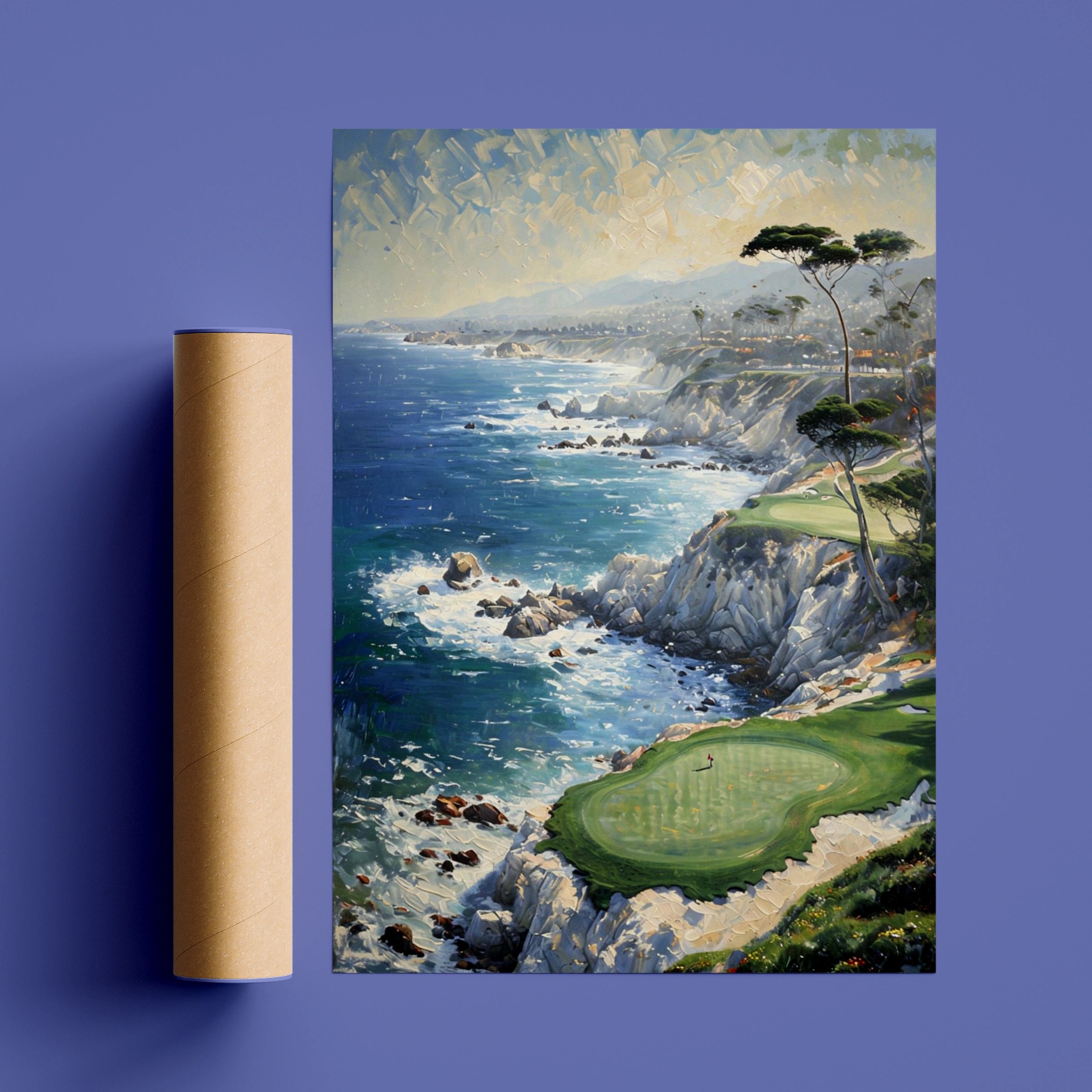Coastal Golf Course Painting Poster, Cliffside Ocean Art, Golf Wall Art Print
