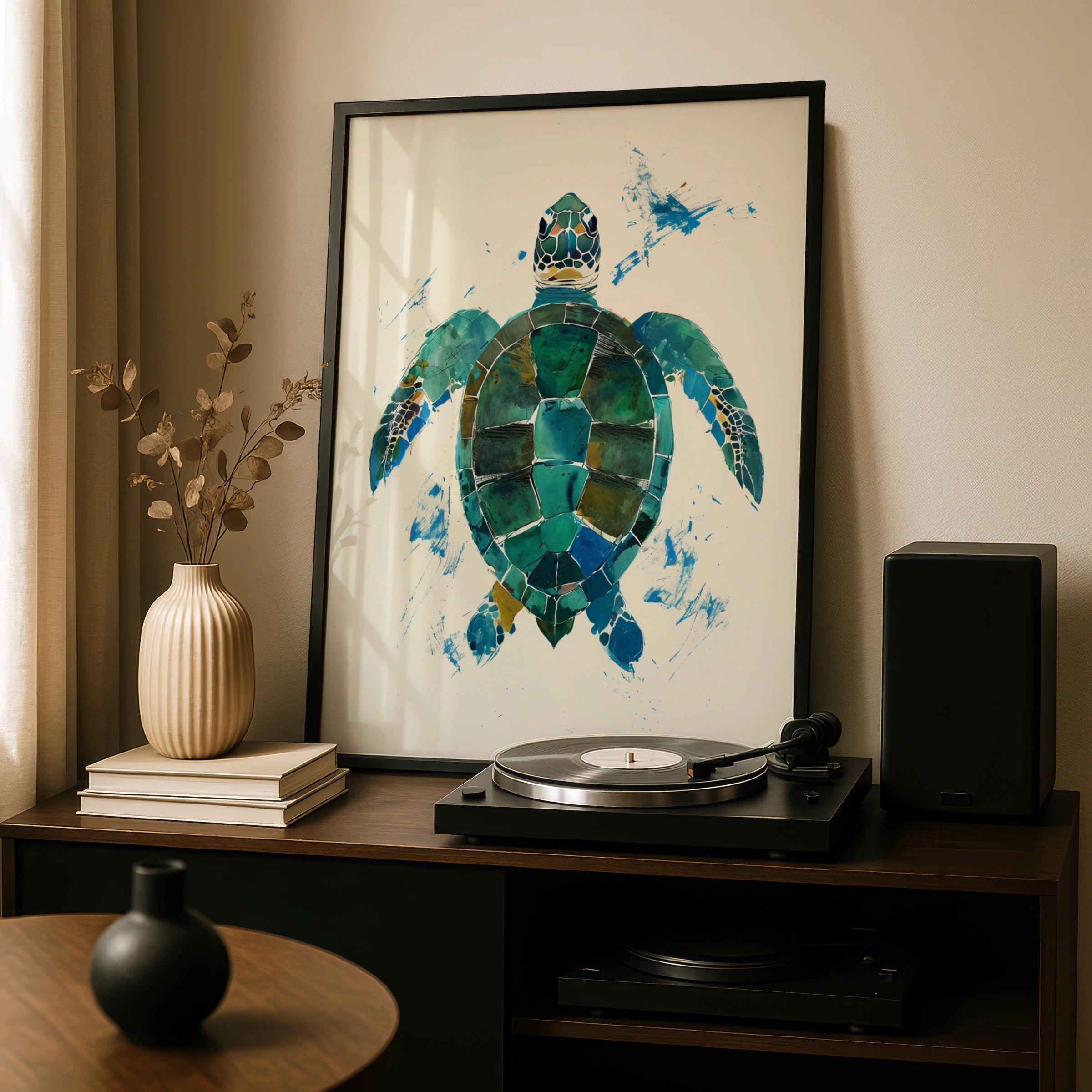 Abstract Sea Turtle Poster, Teal Green Ocean Animal Wall Art, Coastal Print
