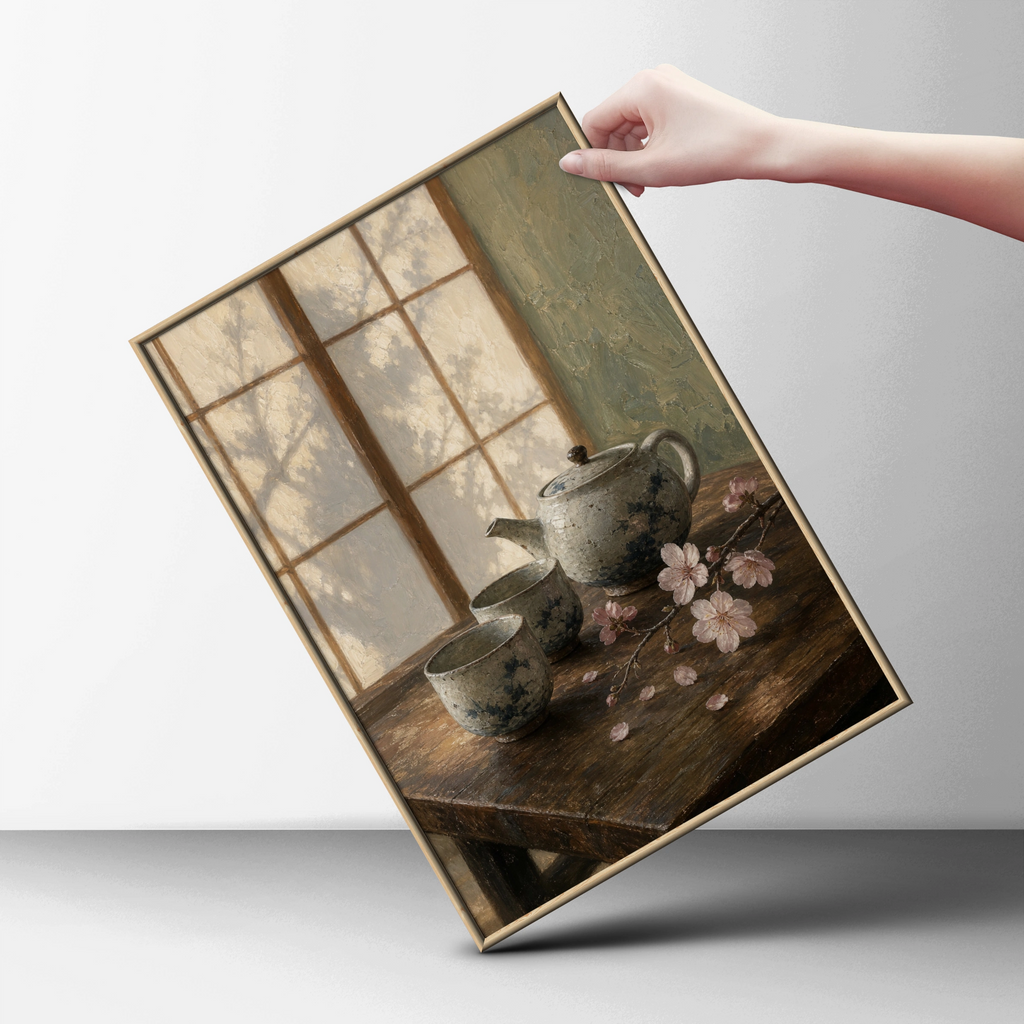 Japanese Teapot Cherry Blossom Still Life Wall Art, Zen Tea Poster, Calm Kitchen Decor