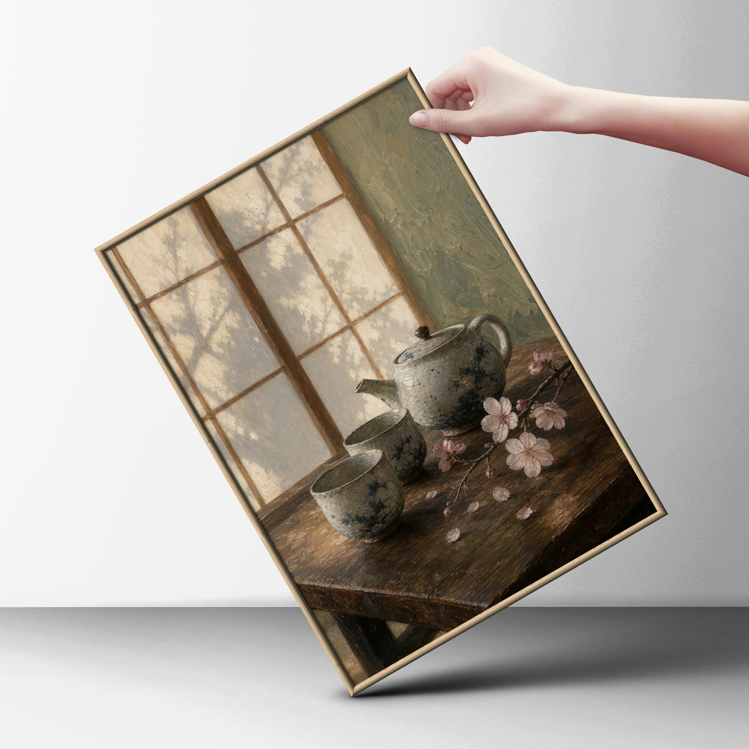 Japanese Teapot Cherry Blossom Still Life Wall Art, Zen Tea Poster, Calm Kitchen Decor