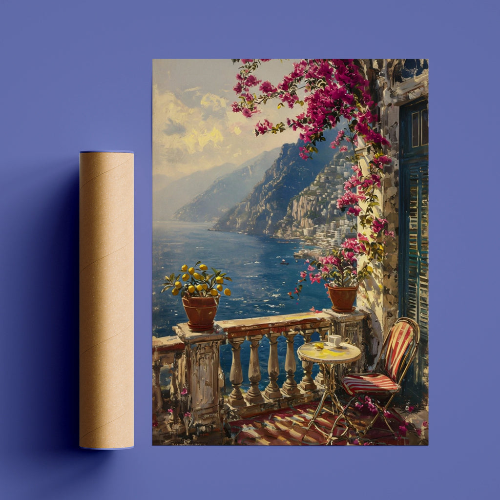 Amalfi Coast Balcony Poster, Bougainvillea Italy Wall Art, Mediterranean Sea Print