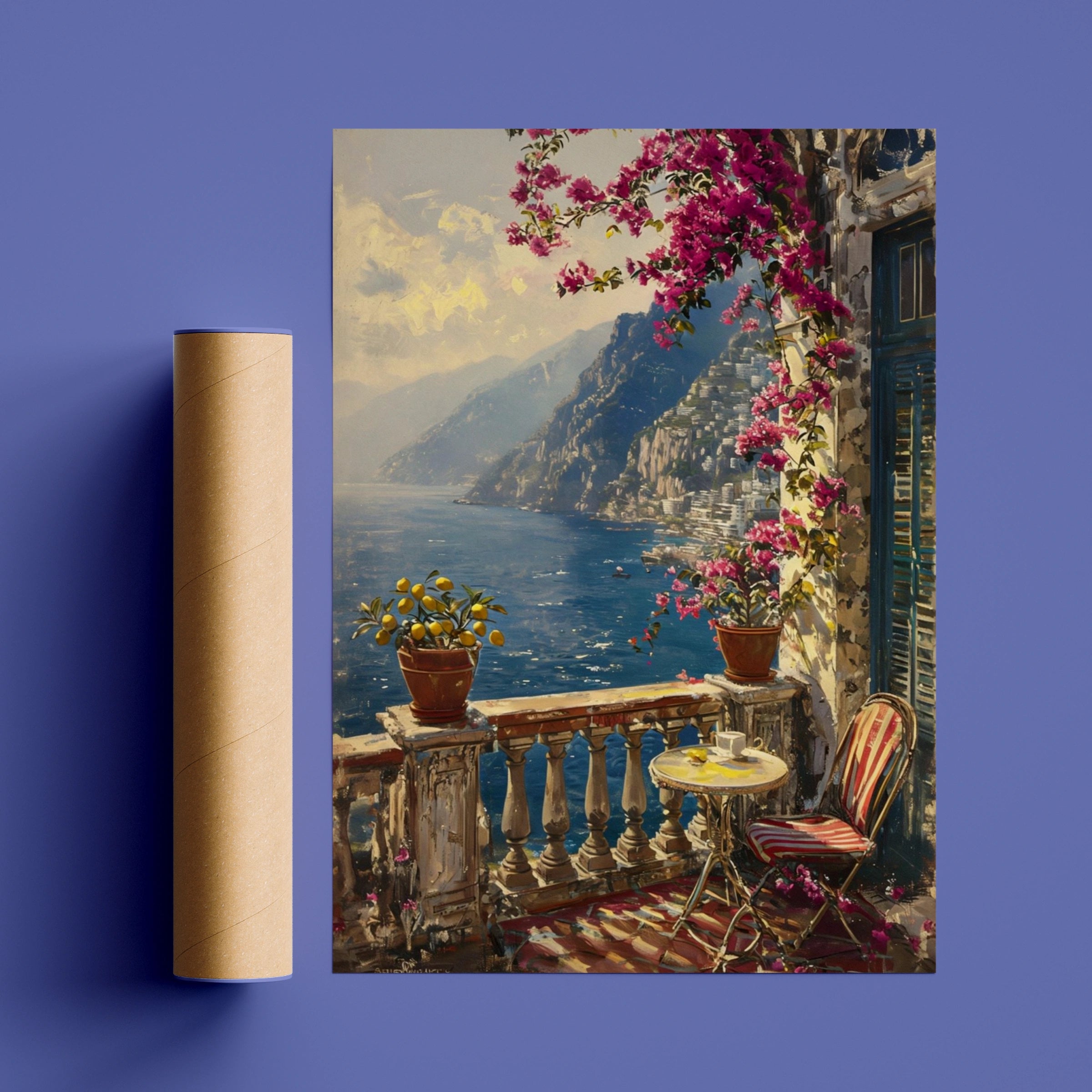 Amalfi Coast Balcony Poster, Bougainvillea Italy Wall Art, Mediterranean Sea Print