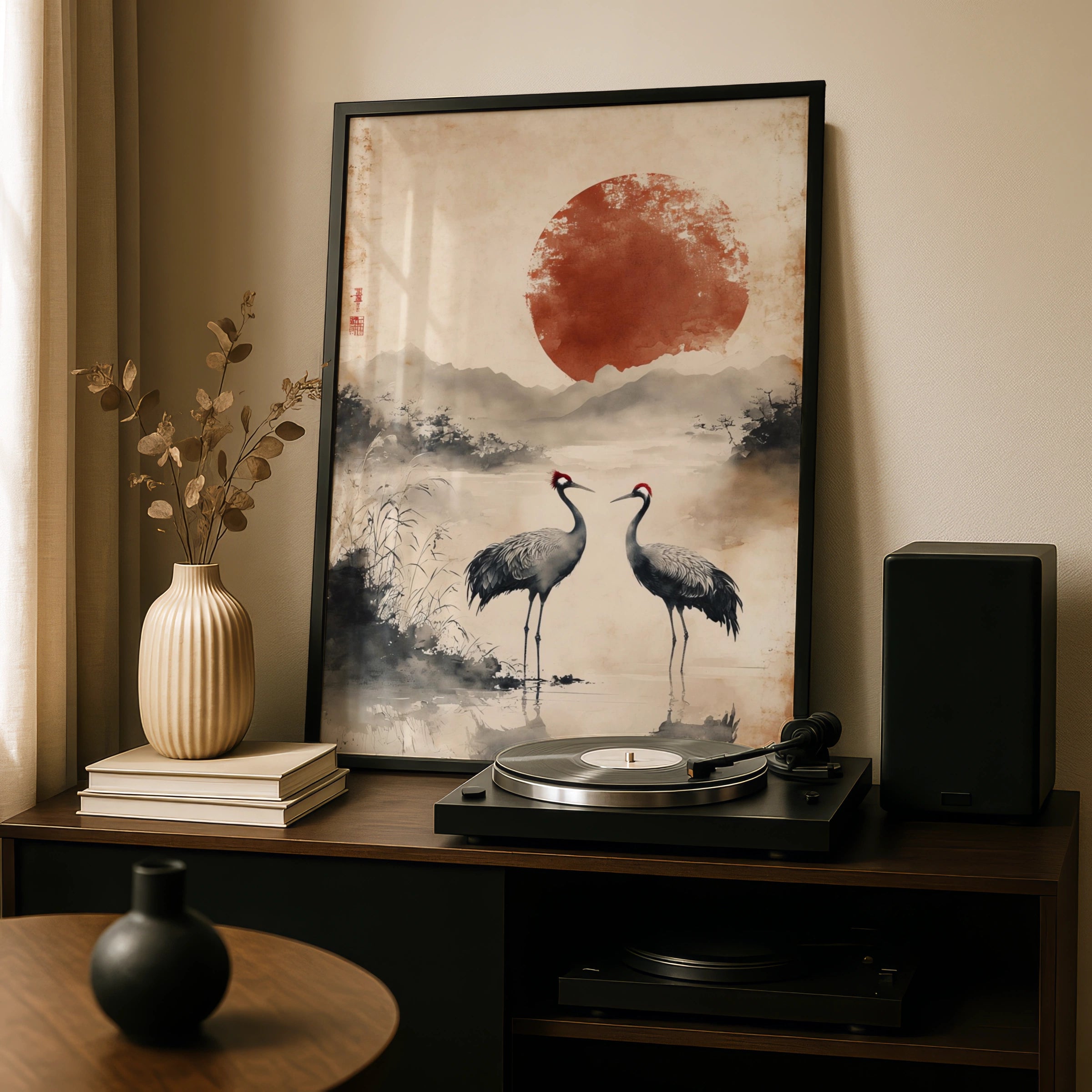 Japanese Crane Poster, Red Sun Wall Art, Ink Wash Bird Print, Zen Crane Decor