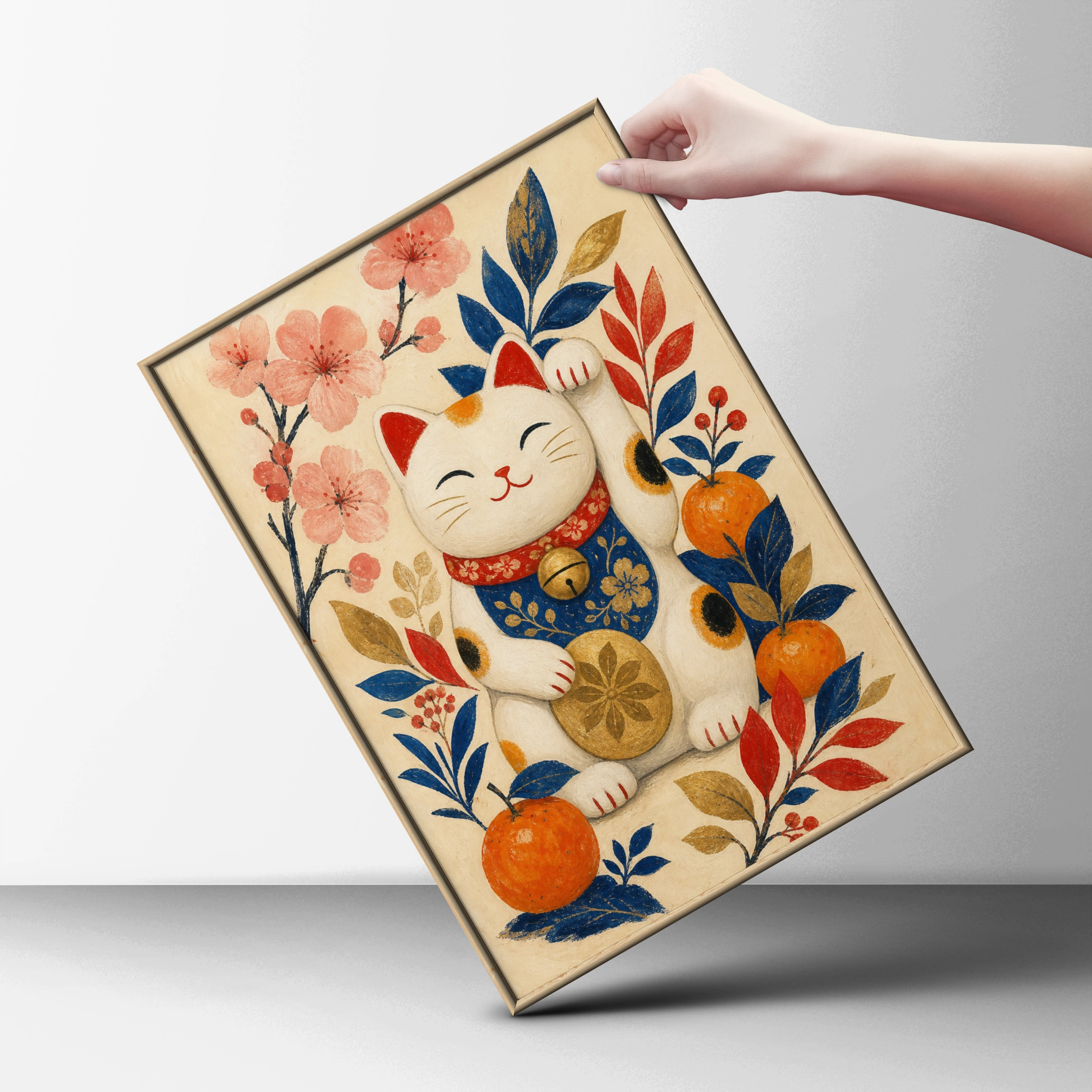 Maneki Neko Lucky Cat Poster, Japanese Wall Art, Floral Cat Print, Good Luck